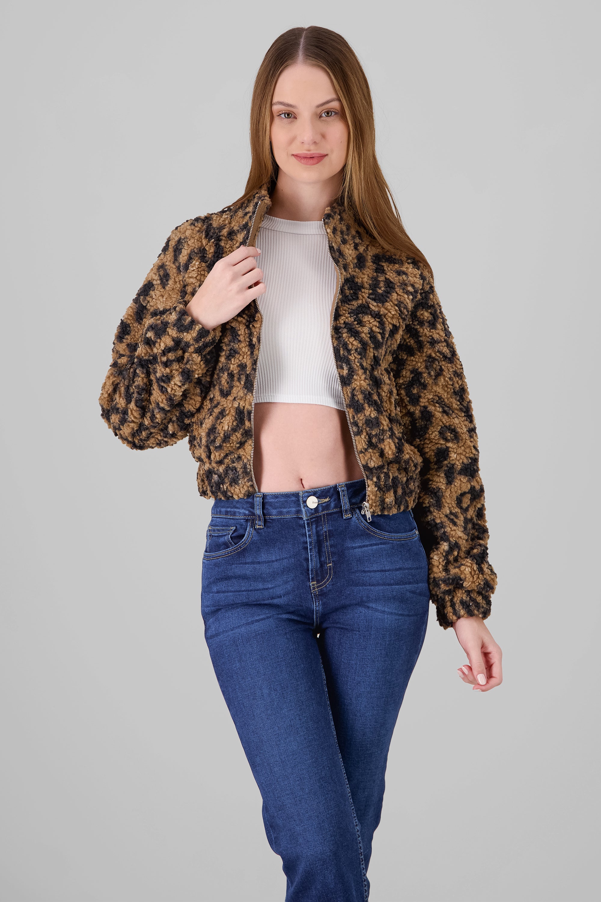 Faux Fur Leopard Print Jacket BROWN COMBO