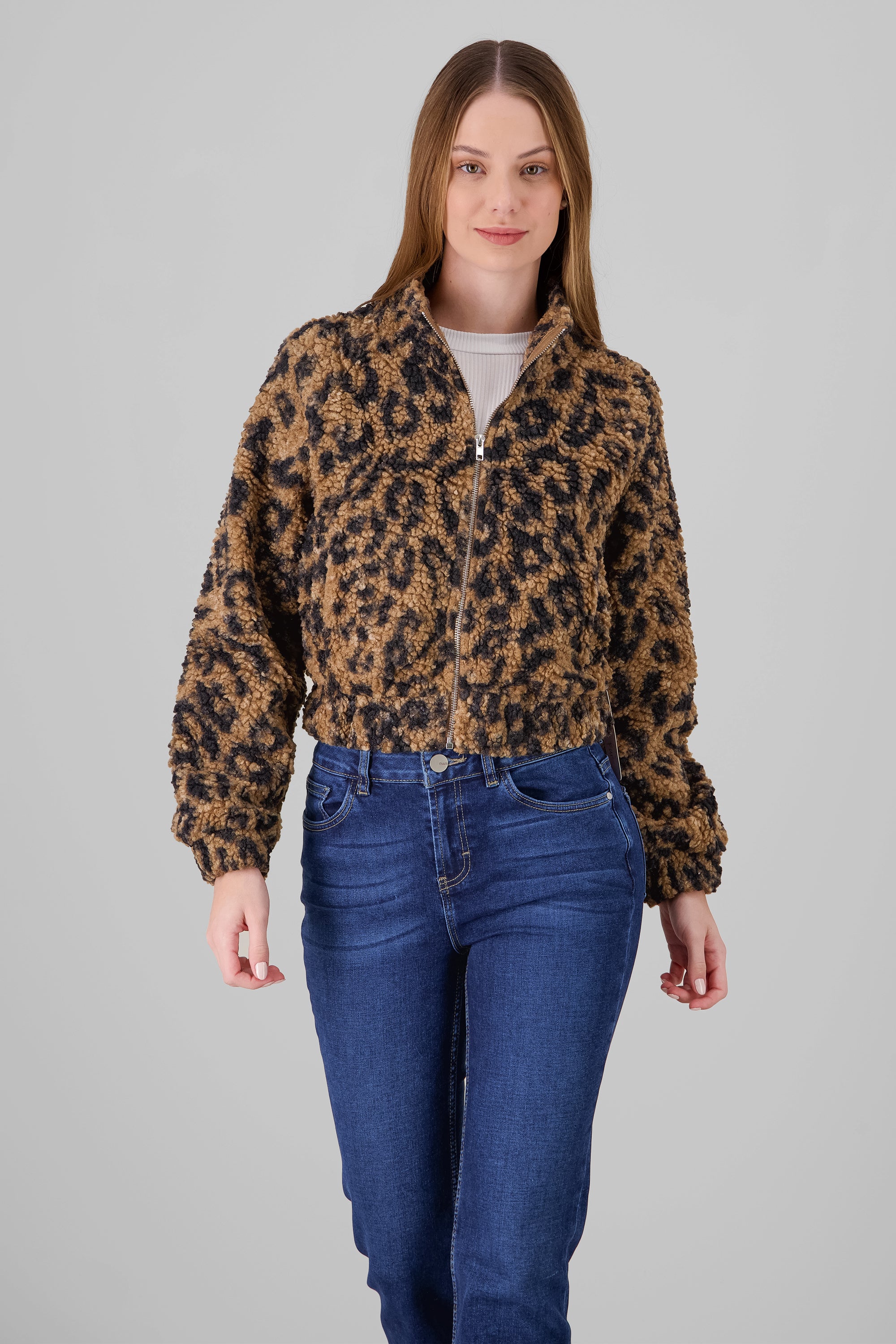 Faux Fur Leopard Print Jacket BROWN COMBO