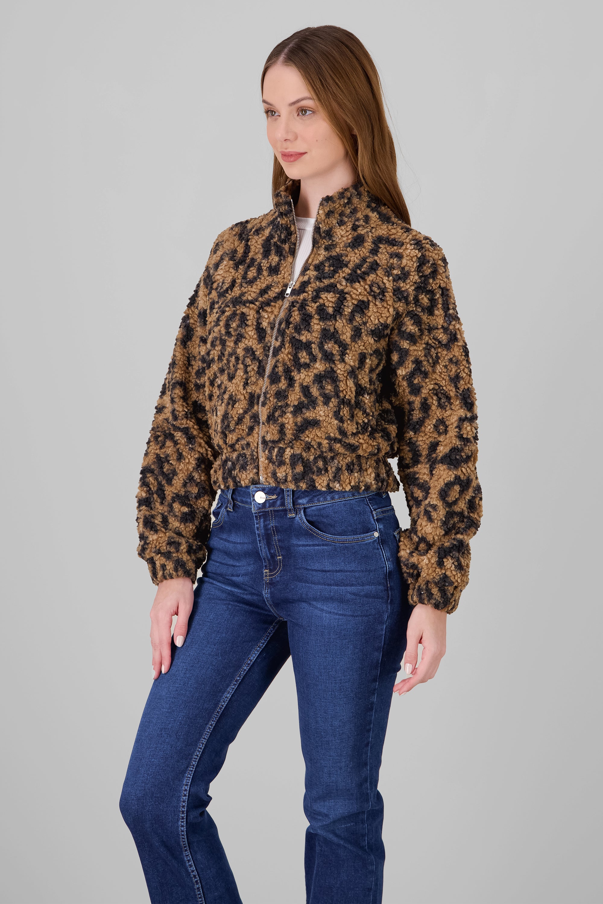 Faux Fur Leopard Print Jacket BROWN COMBO