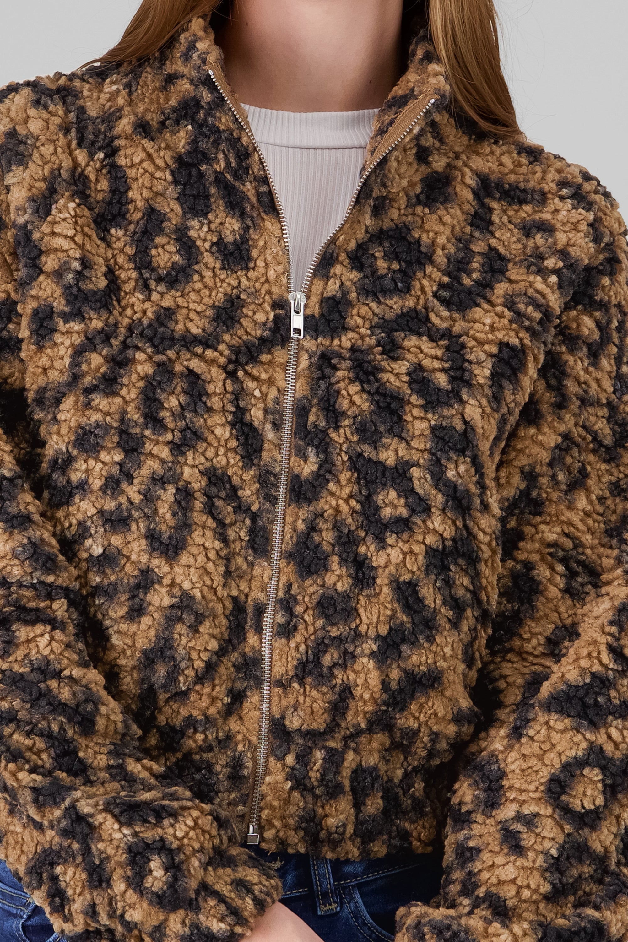 Faux Fur Leopard Print Jacket BROWN COMBO