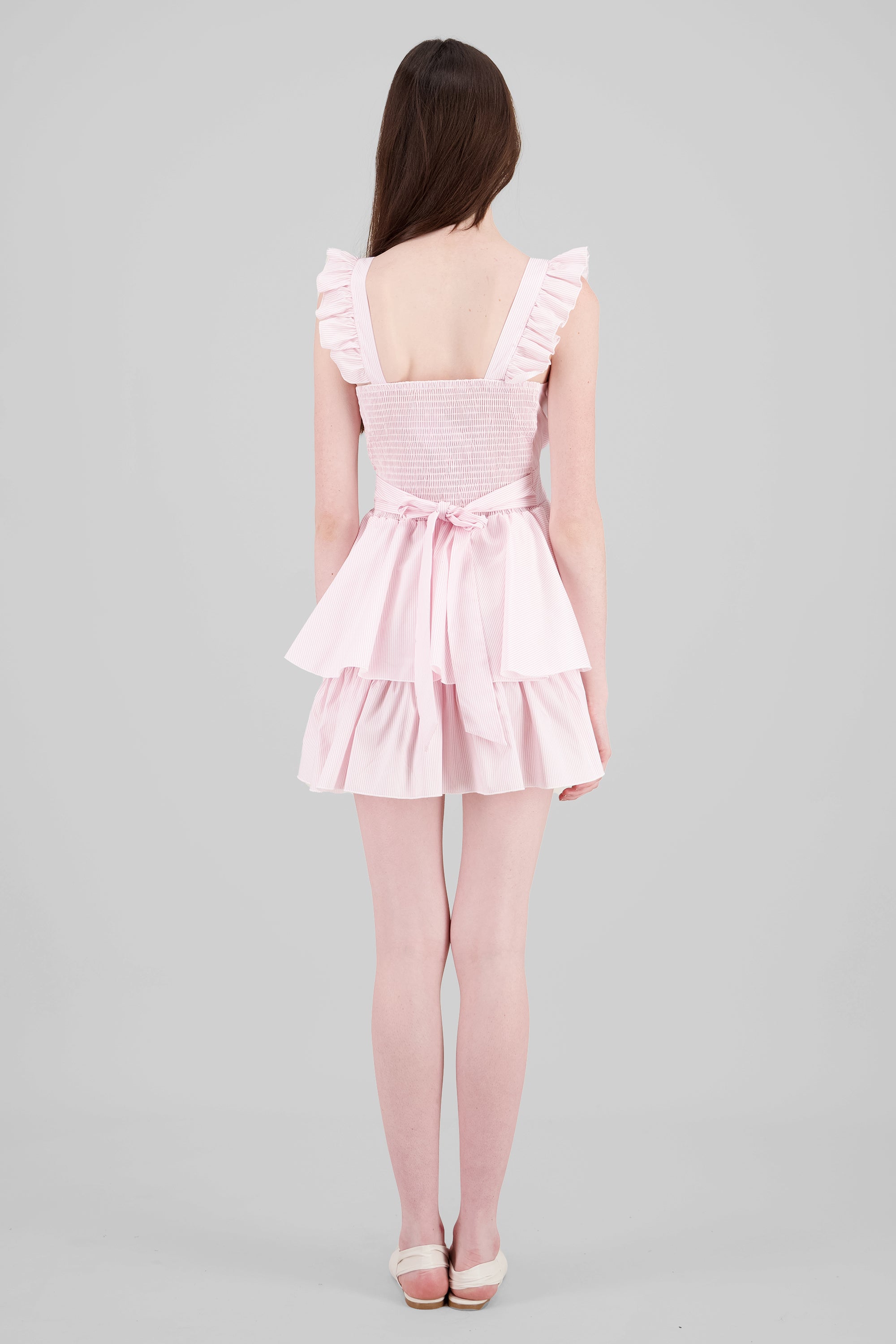 Striped Strap Dress with Ruffles PINK COMBO