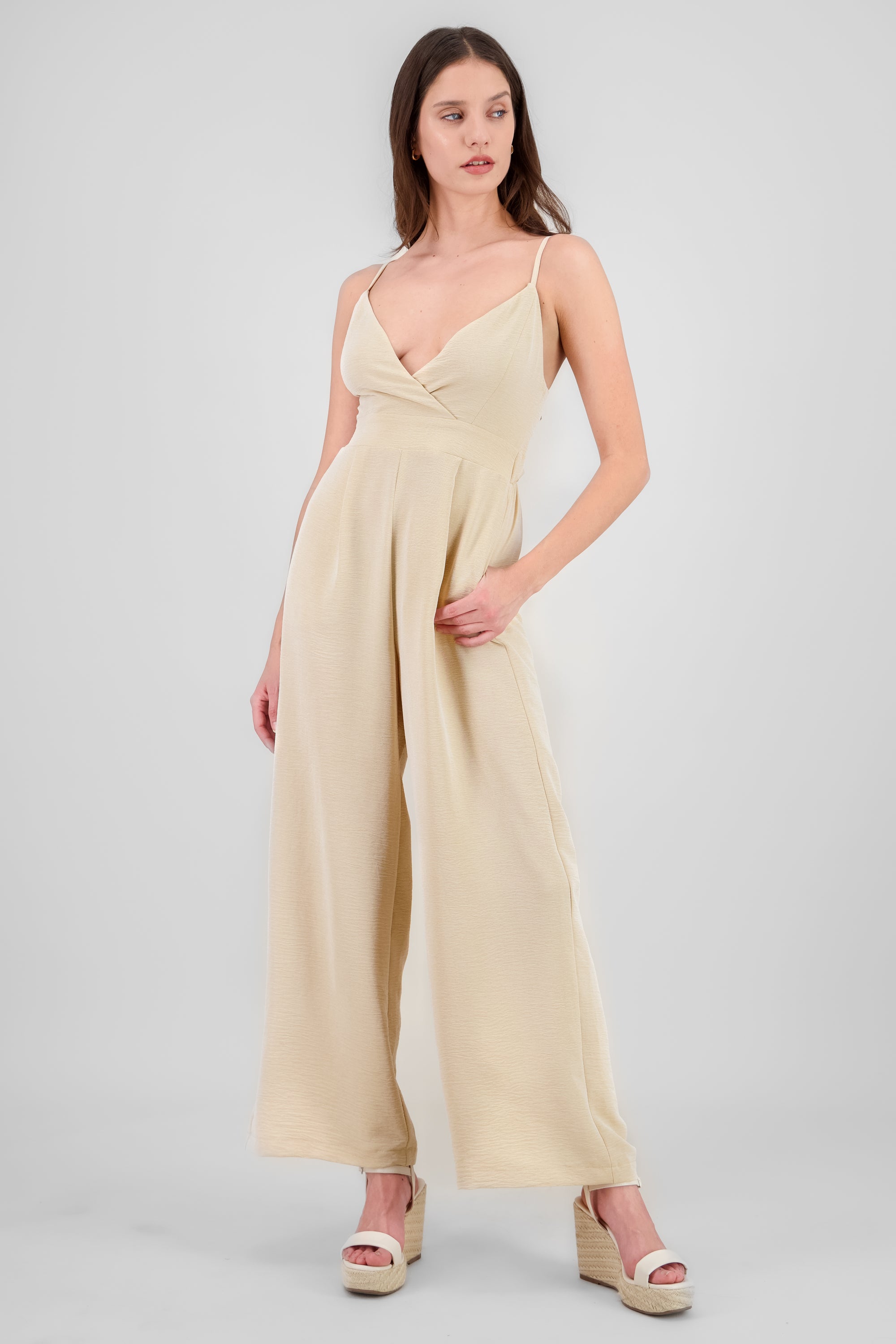 Solid Strappy Jumpsuit BEIGE