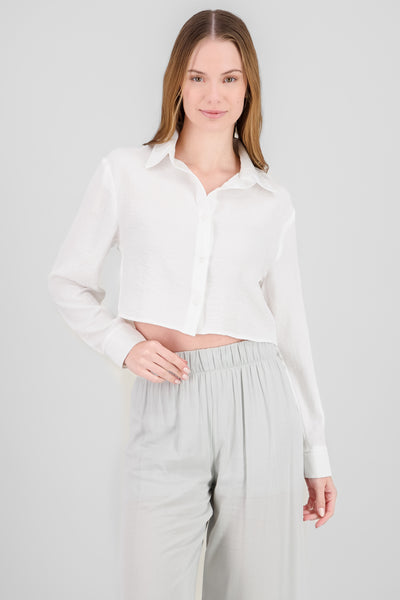 Solid Long Sleeve Crop Shirt WHITE