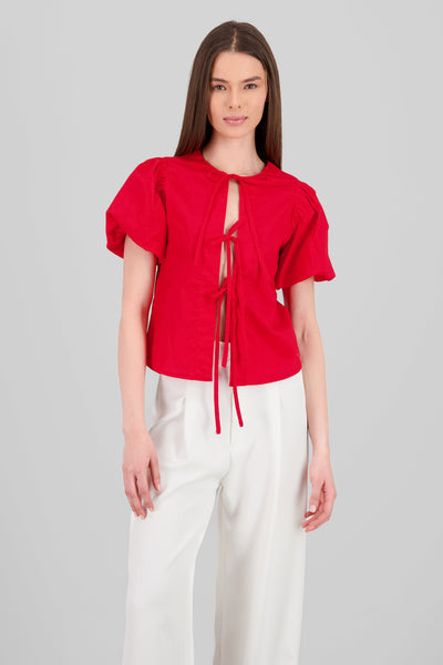 Bows Balloon Sleeve Blouse RED