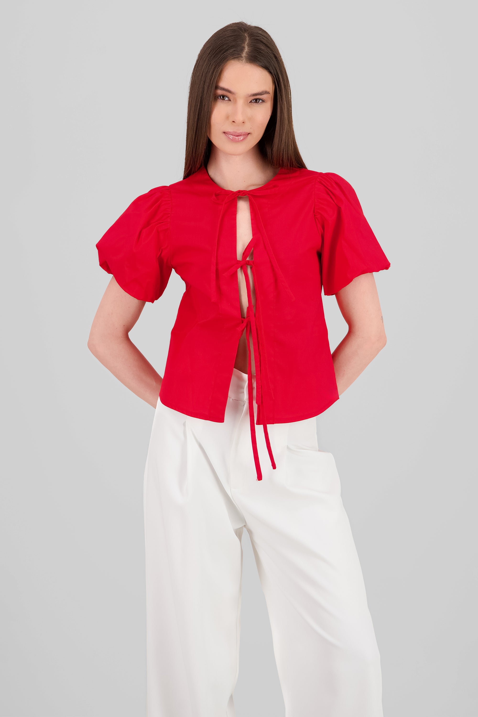 Bows Balloon Sleeve Blouse RED