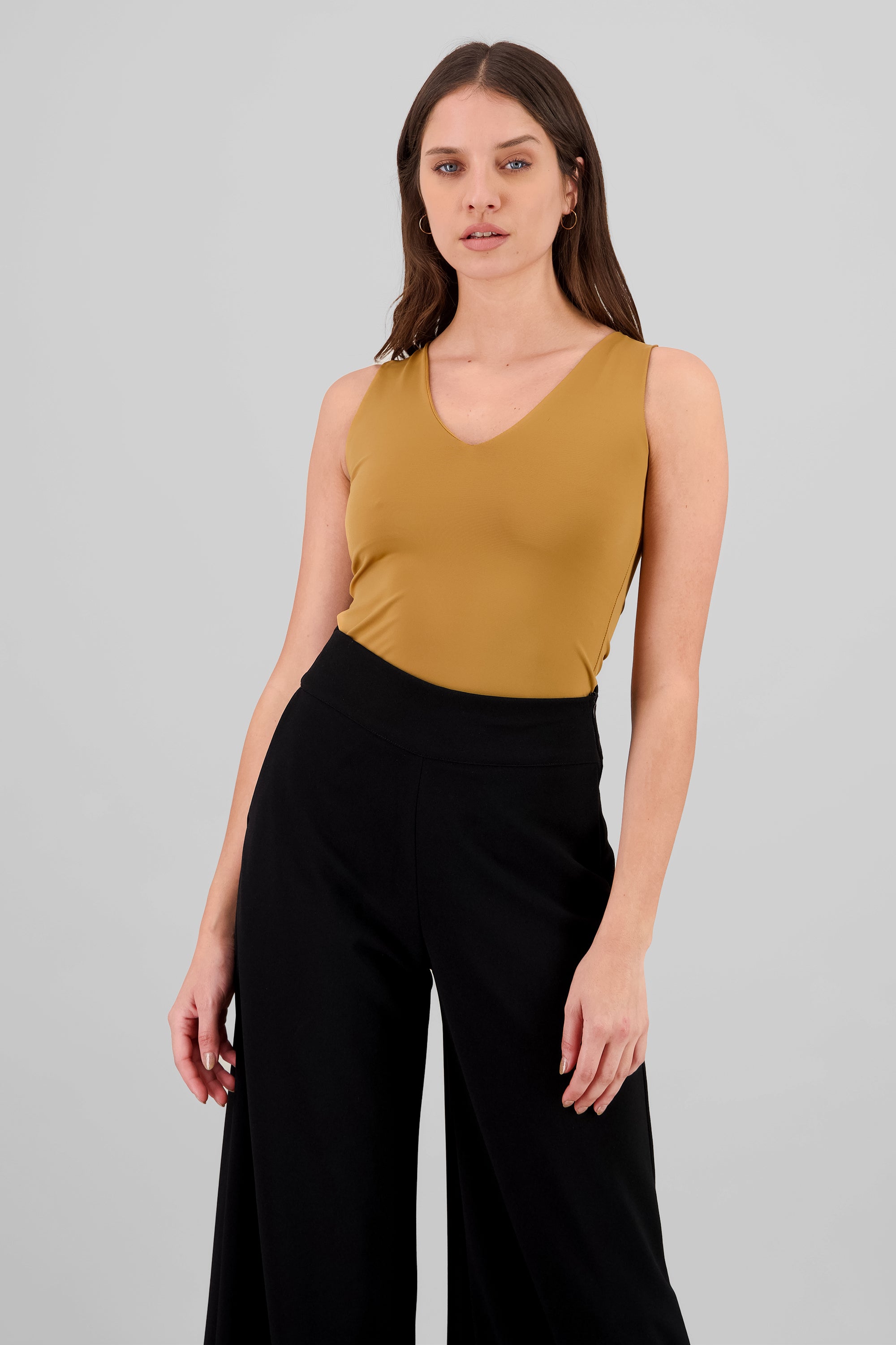 Solid V Neck Bodysuit CAMEL