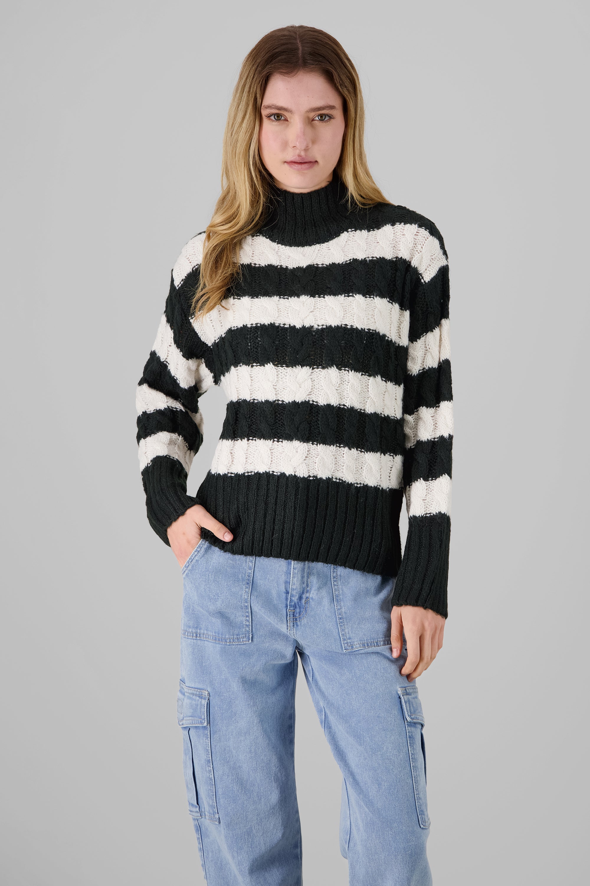 High Neck Striped Sweater WHITE COMBO