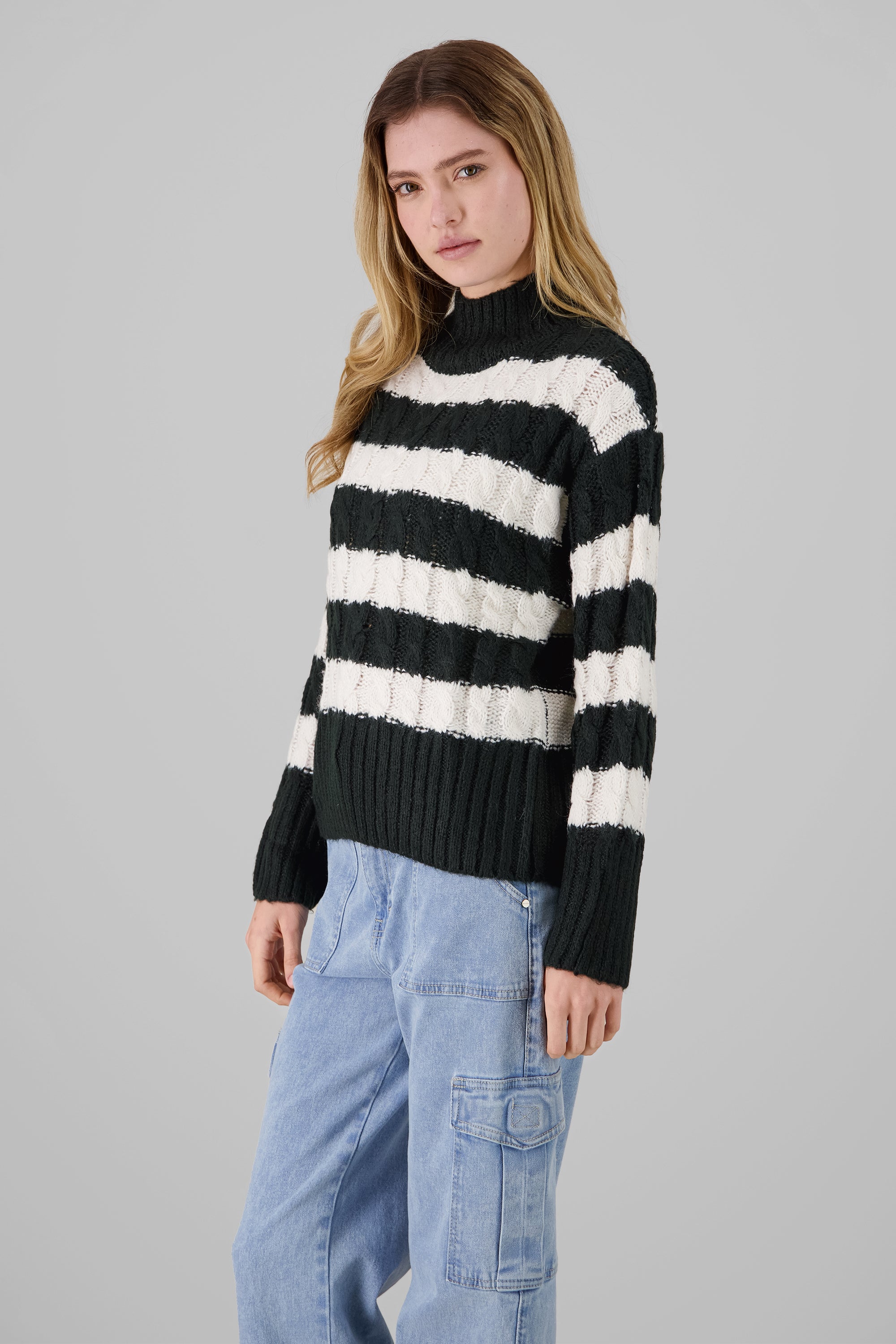 High Neck Striped Sweater WHITE COMBO