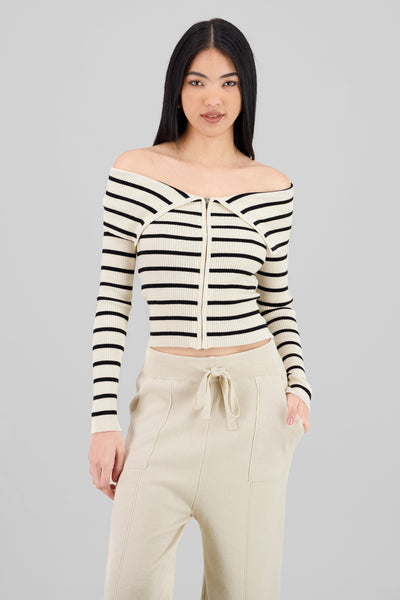 Thin Striped Off Shoulder Sweater BONE COMBO