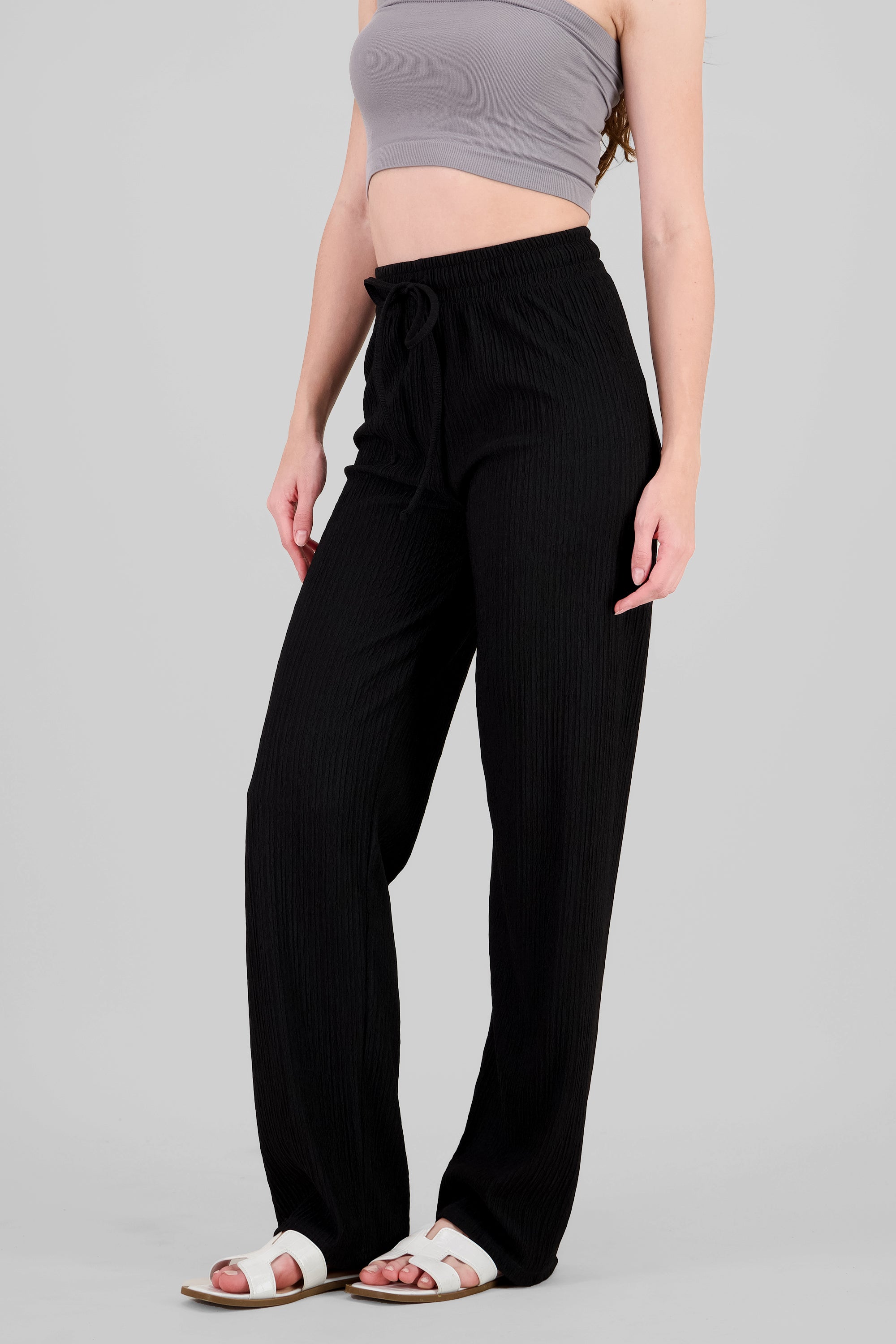 Wide leg textured pants BLACK