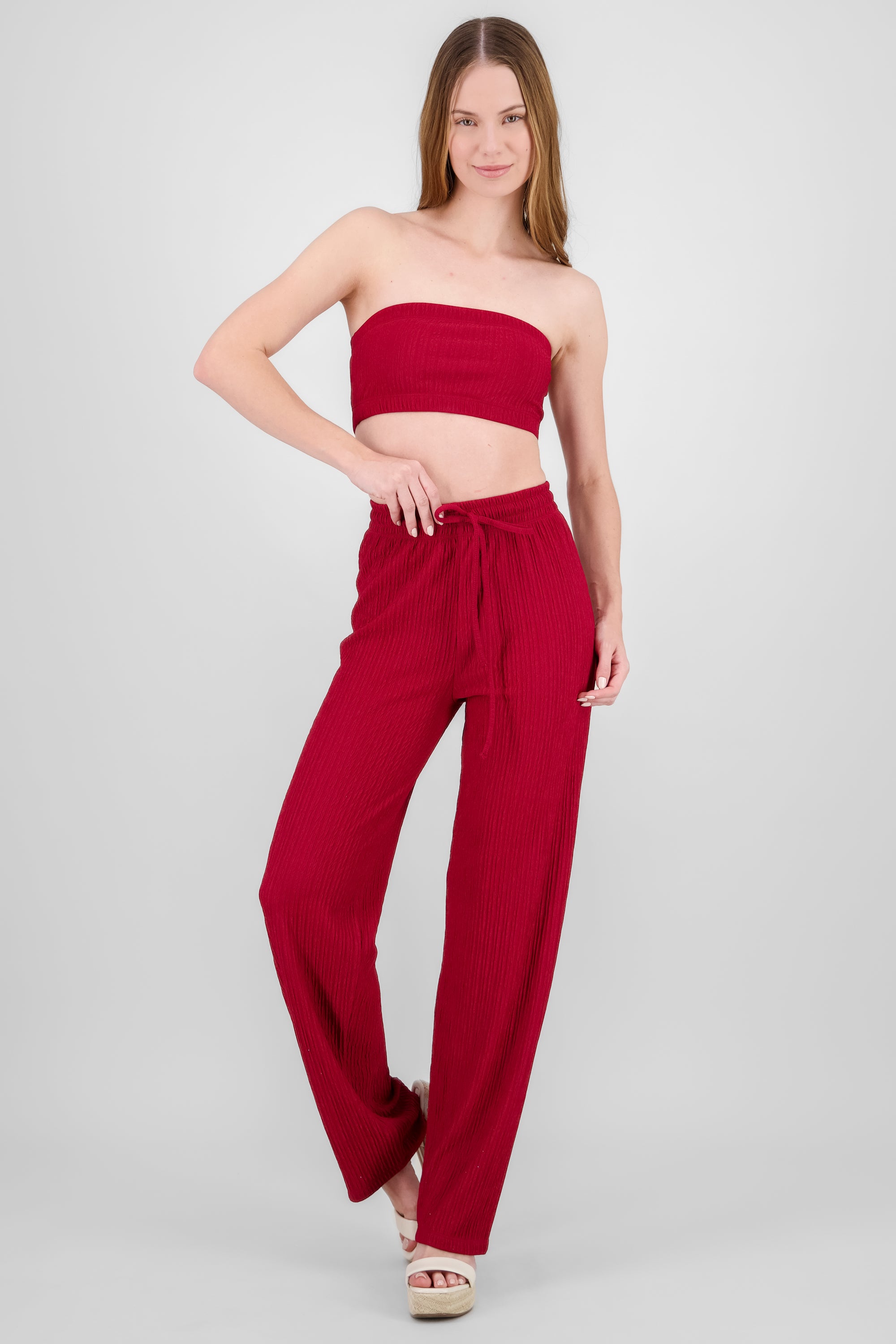 Wide leg textured pants BURNT RED