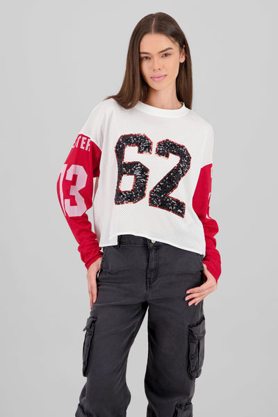 Sequin Numbers Sports T Shirt RED COMBO