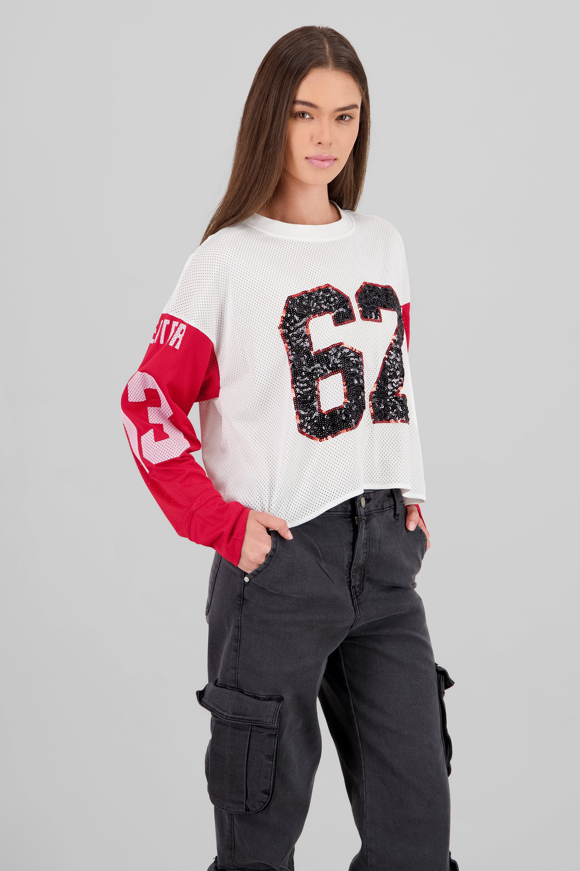 Sequin Numbers Sports T Shirt RED COMBO