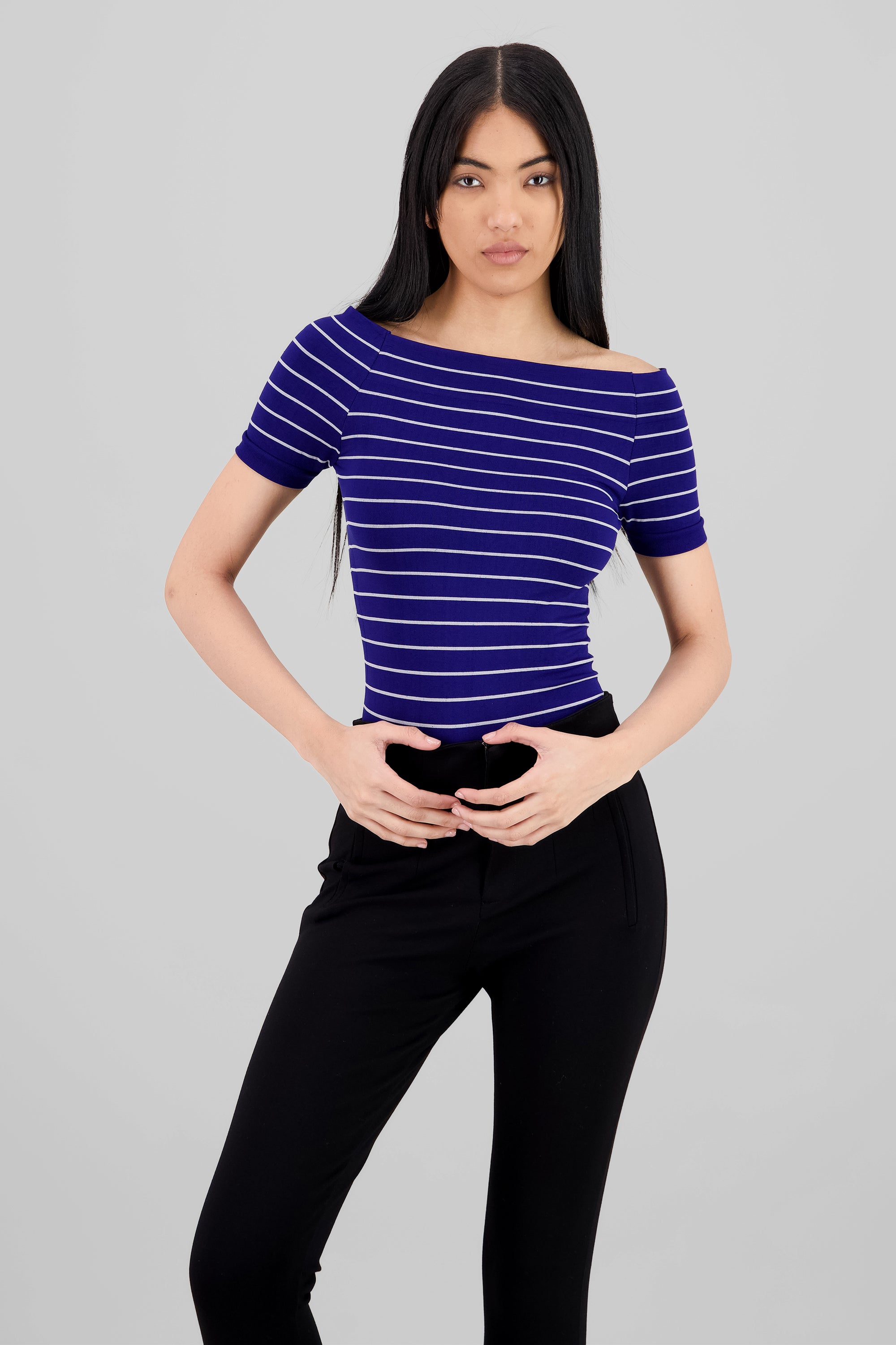 One Shoulder Striped Bodysuit NAVY COMBO