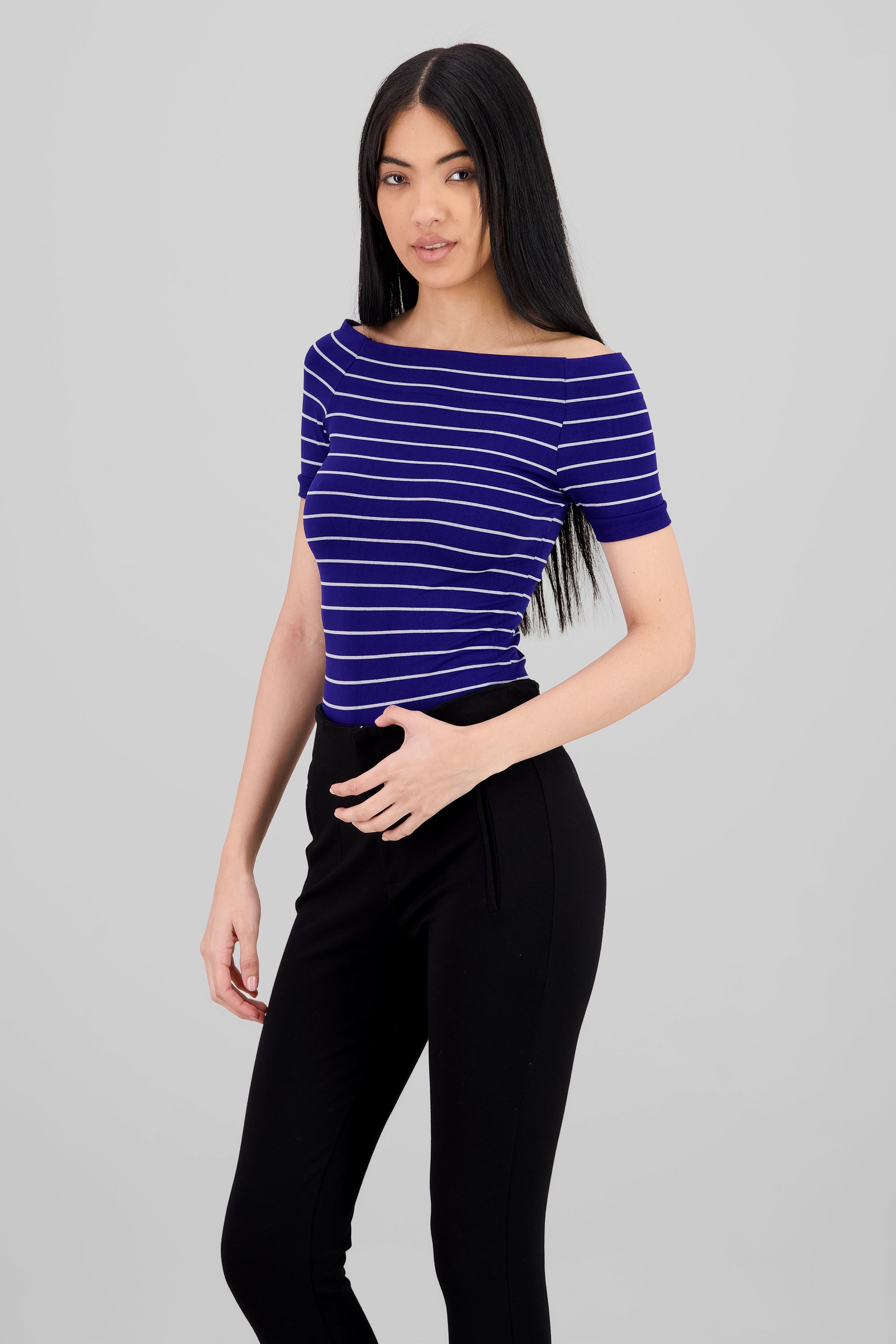 One Shoulder Striped Bodysuit NAVY COMBO