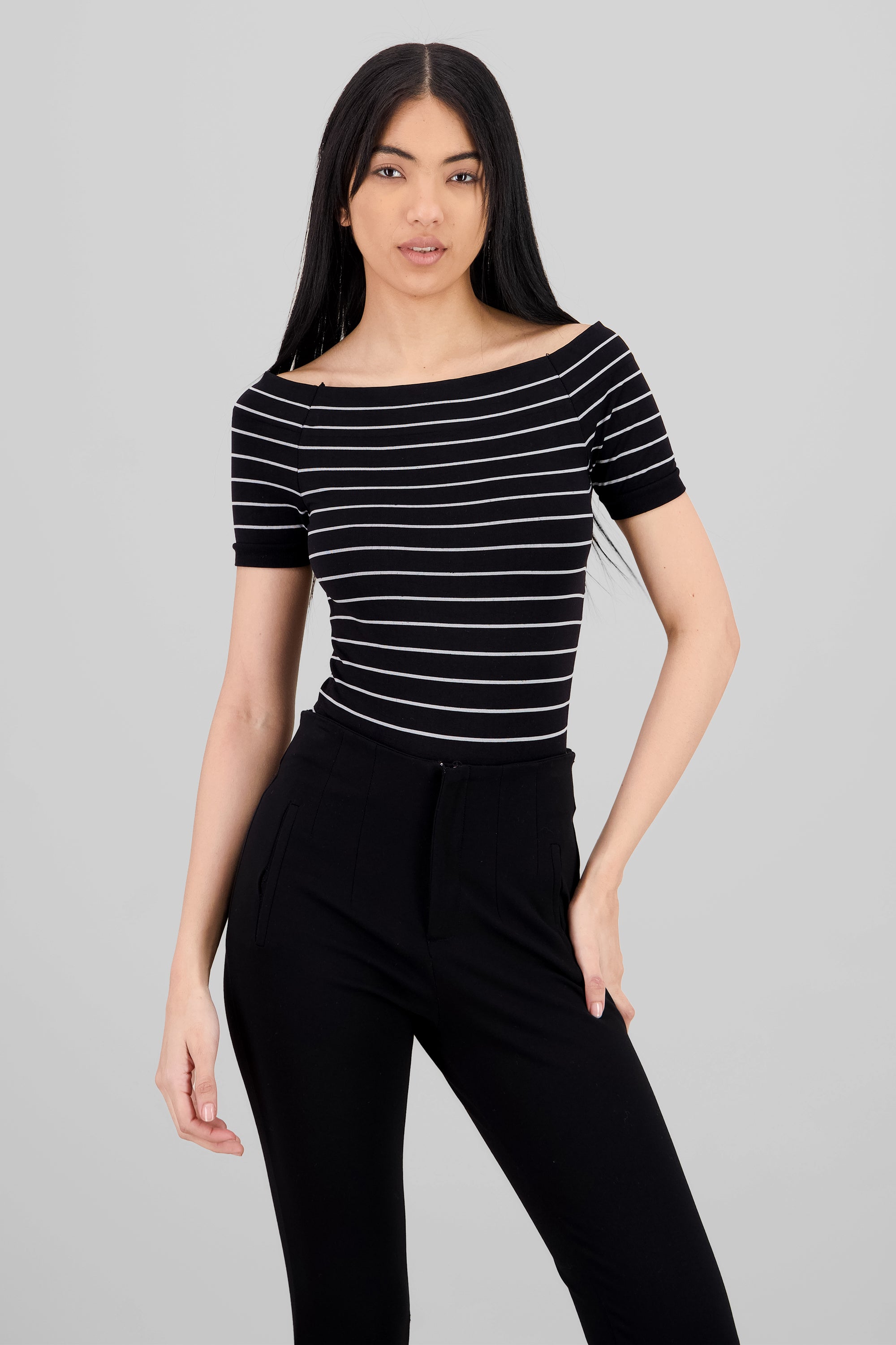 One Shoulder Striped Bodysuit BLACK COMBO