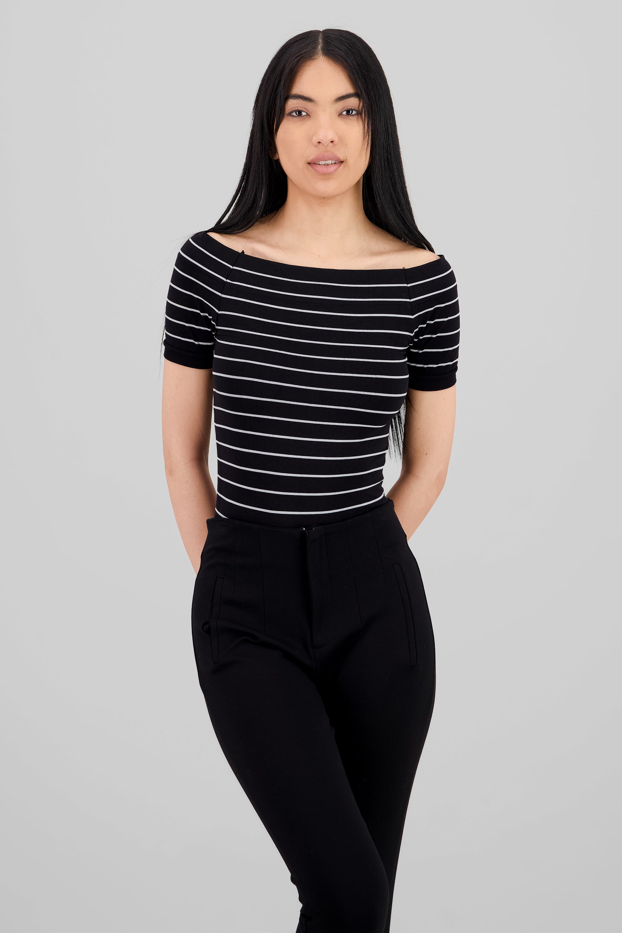 One Shoulder Striped Bodysuit BLACK COMBO