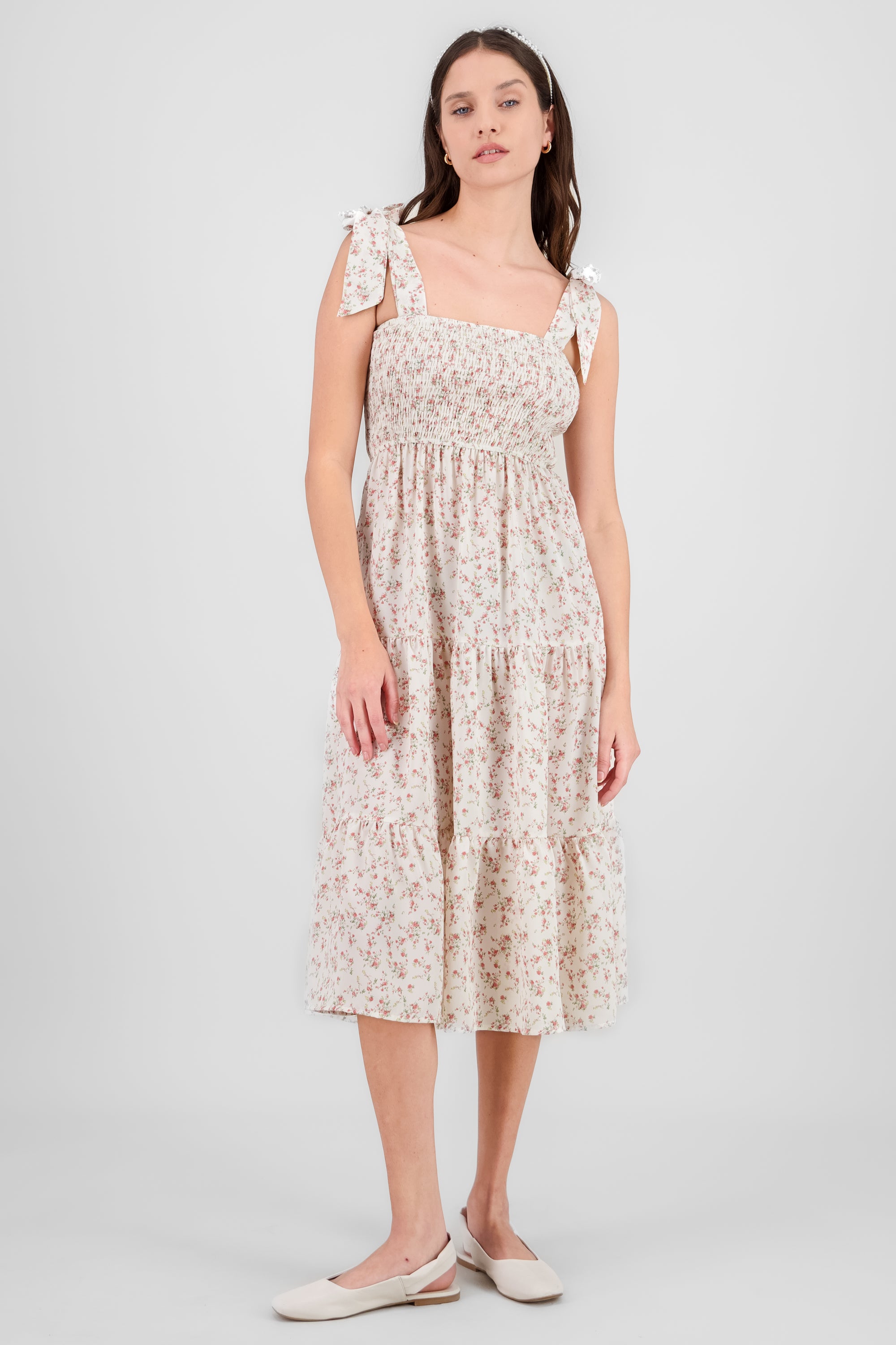 Smock Floral Midi Dress WHITE COMBO