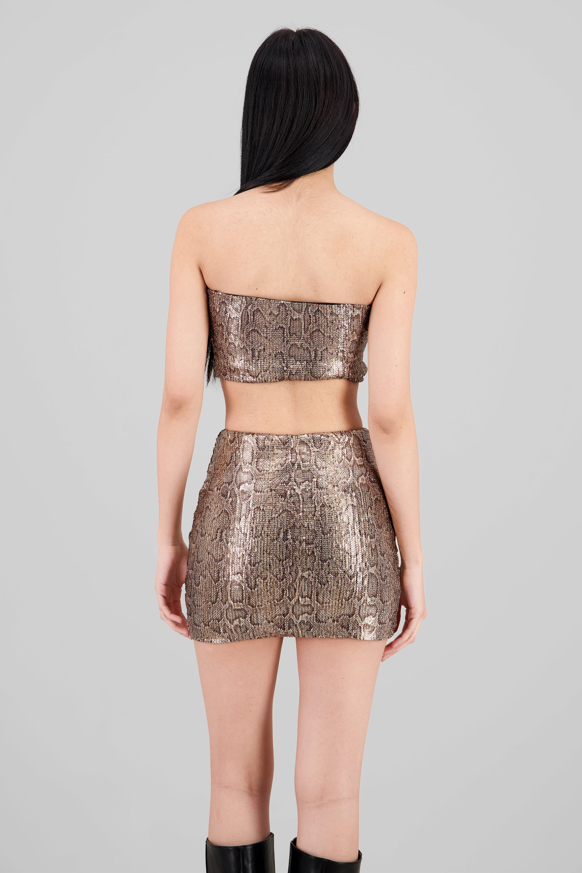 Snake Print Sequin Tube Top BROWN COMBO