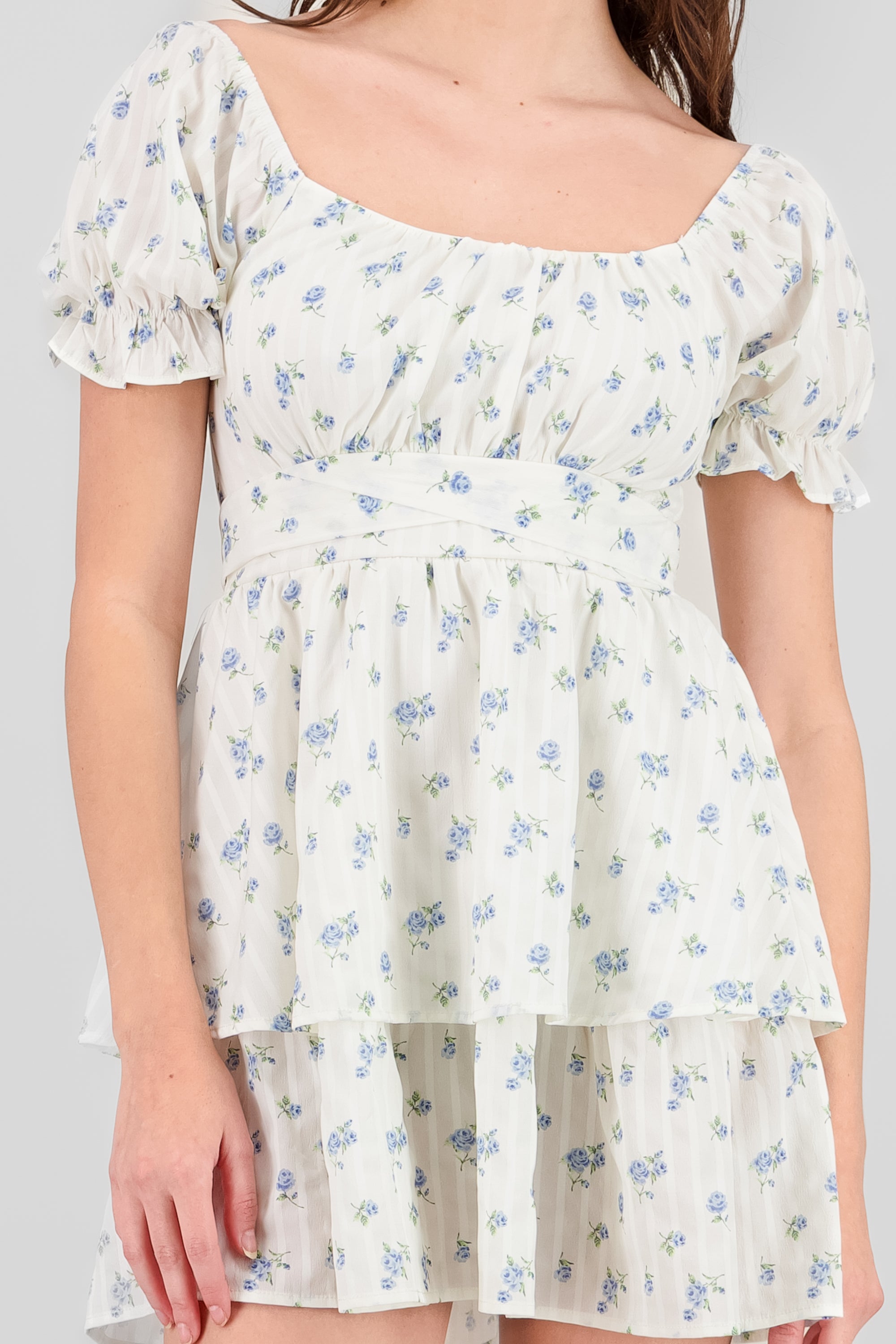 Double Ruffle Floral Puff Sleeve Dress WHITE COMBO