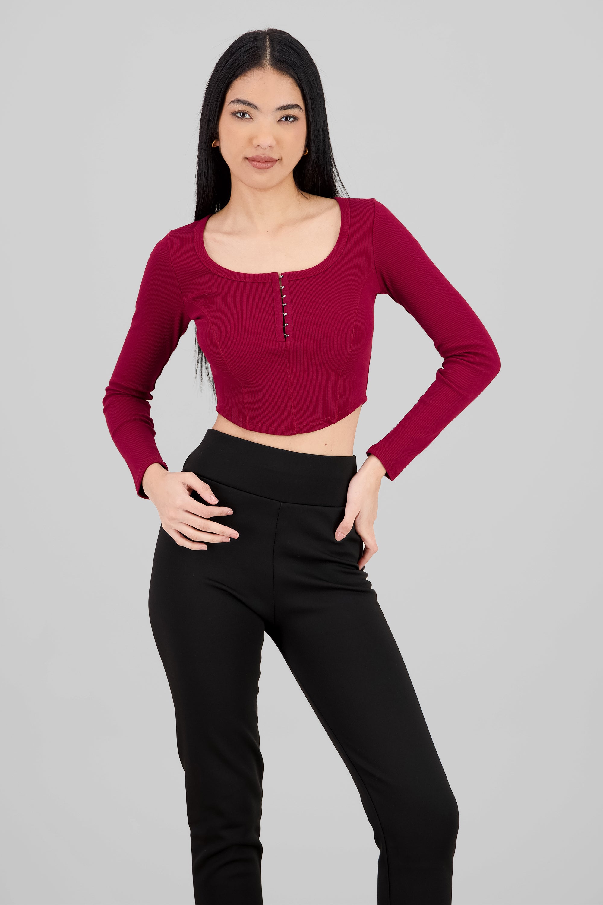 Long Sleeve Square Neckline Top RED