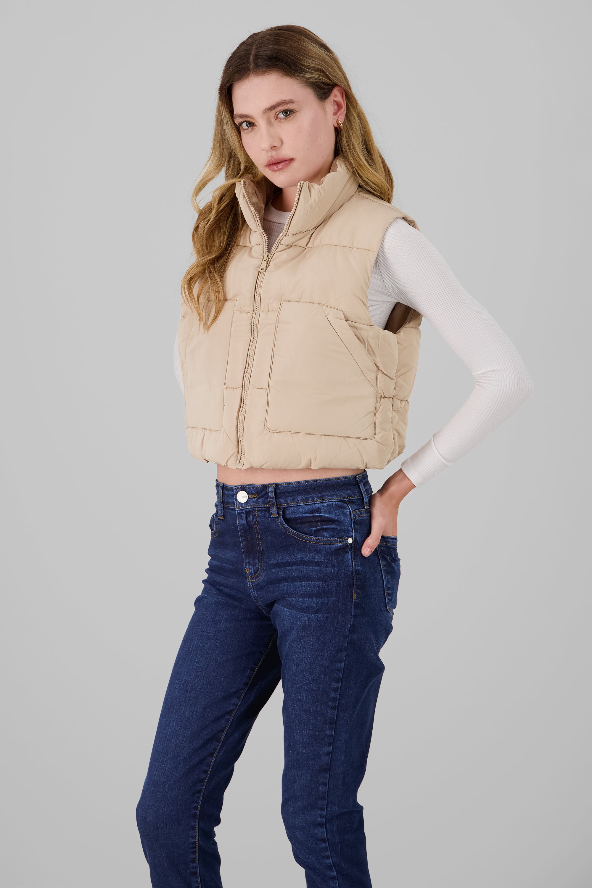 Short Quilted Vest KHAKI