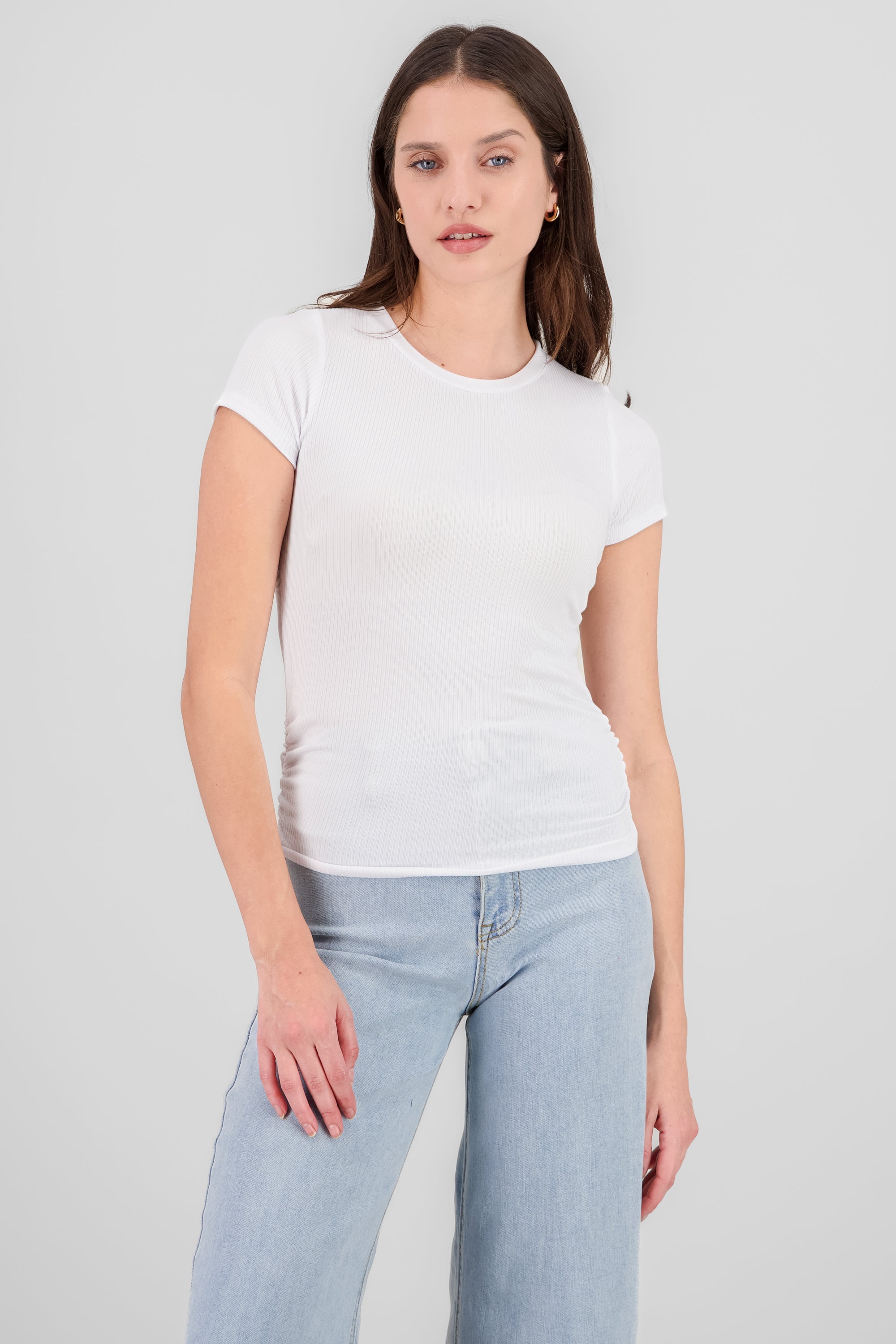 Ruched Sides Ribbed Top WHITE