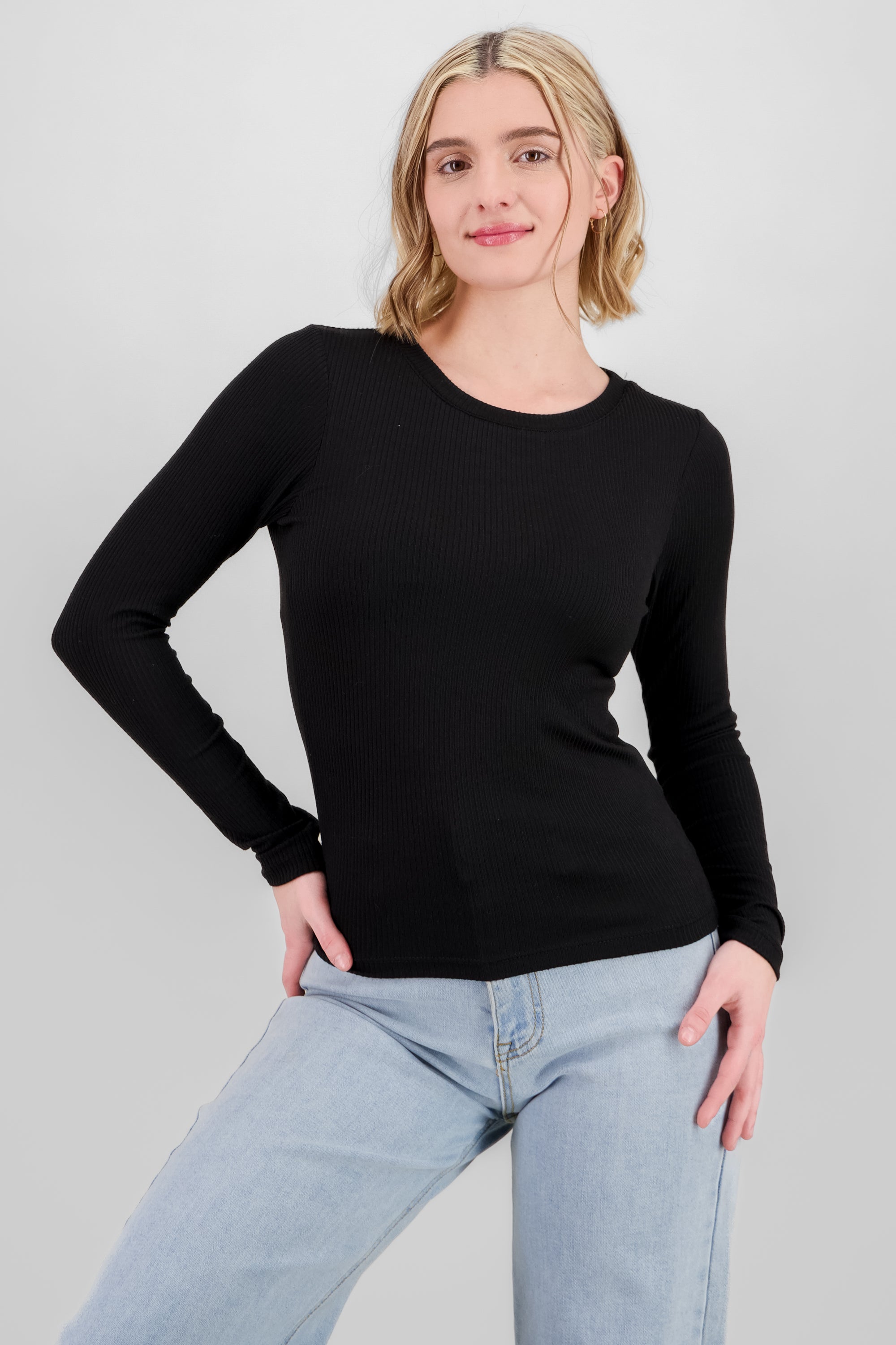 Ribbed Long Sleeve Top BLACK