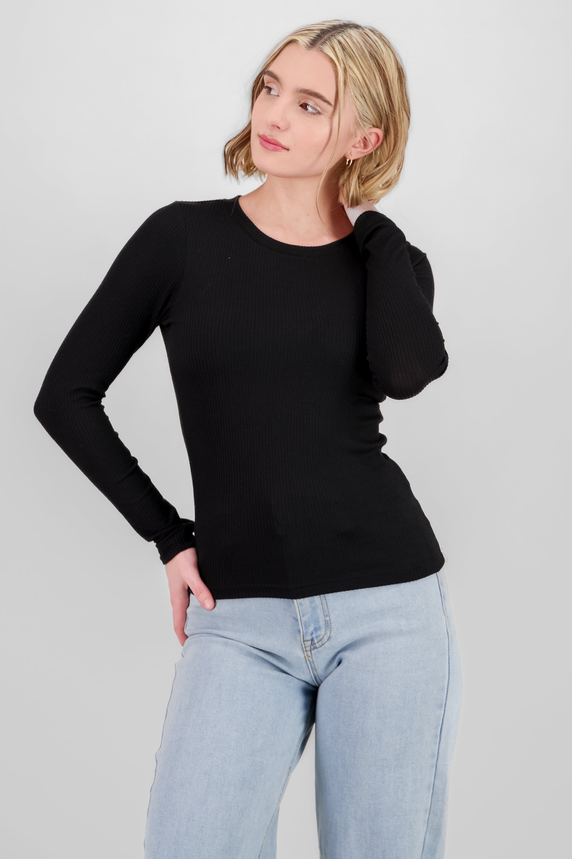 Ribbed Long Sleeve Top BLACK