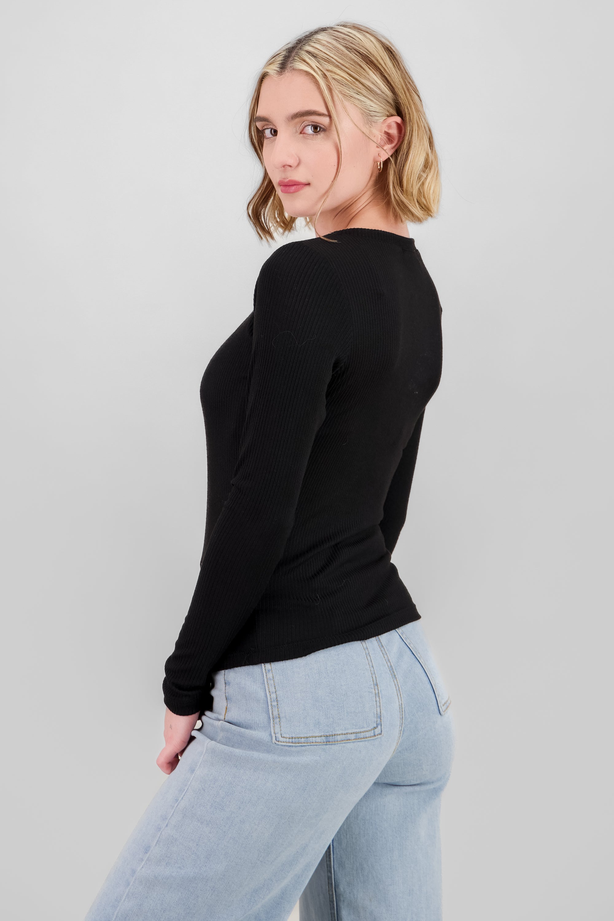 Ribbed Long Sleeve Top BLACK