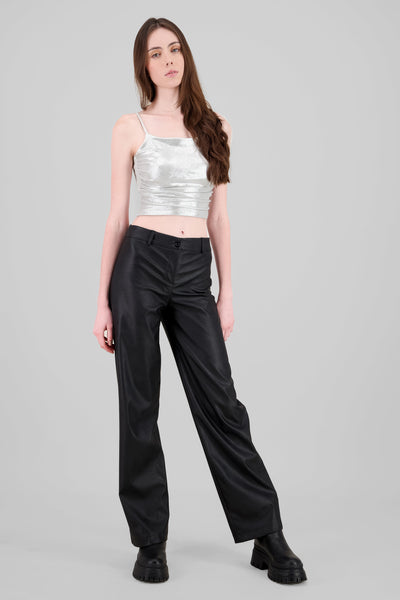 Textured Faux Leather Straight Pants BLACK