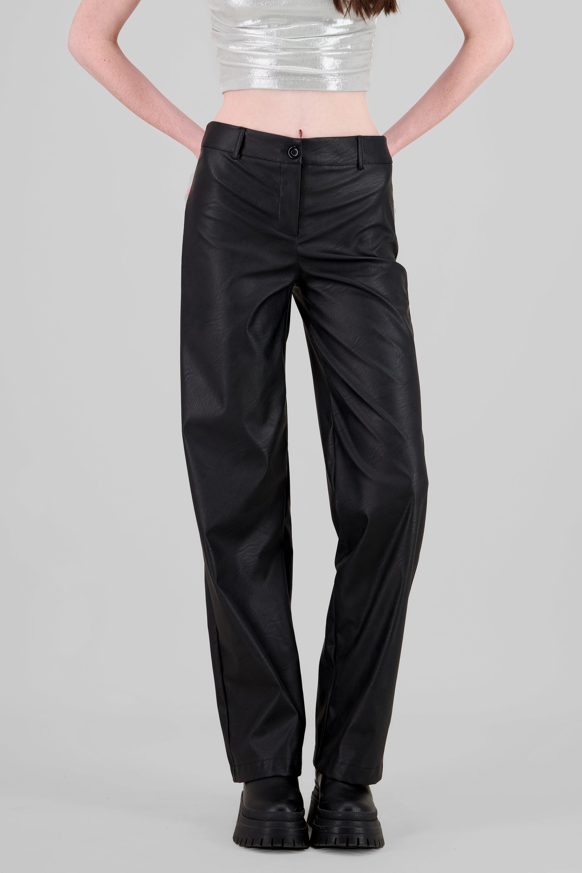 Textured Faux Leather Straight Pants BLACK