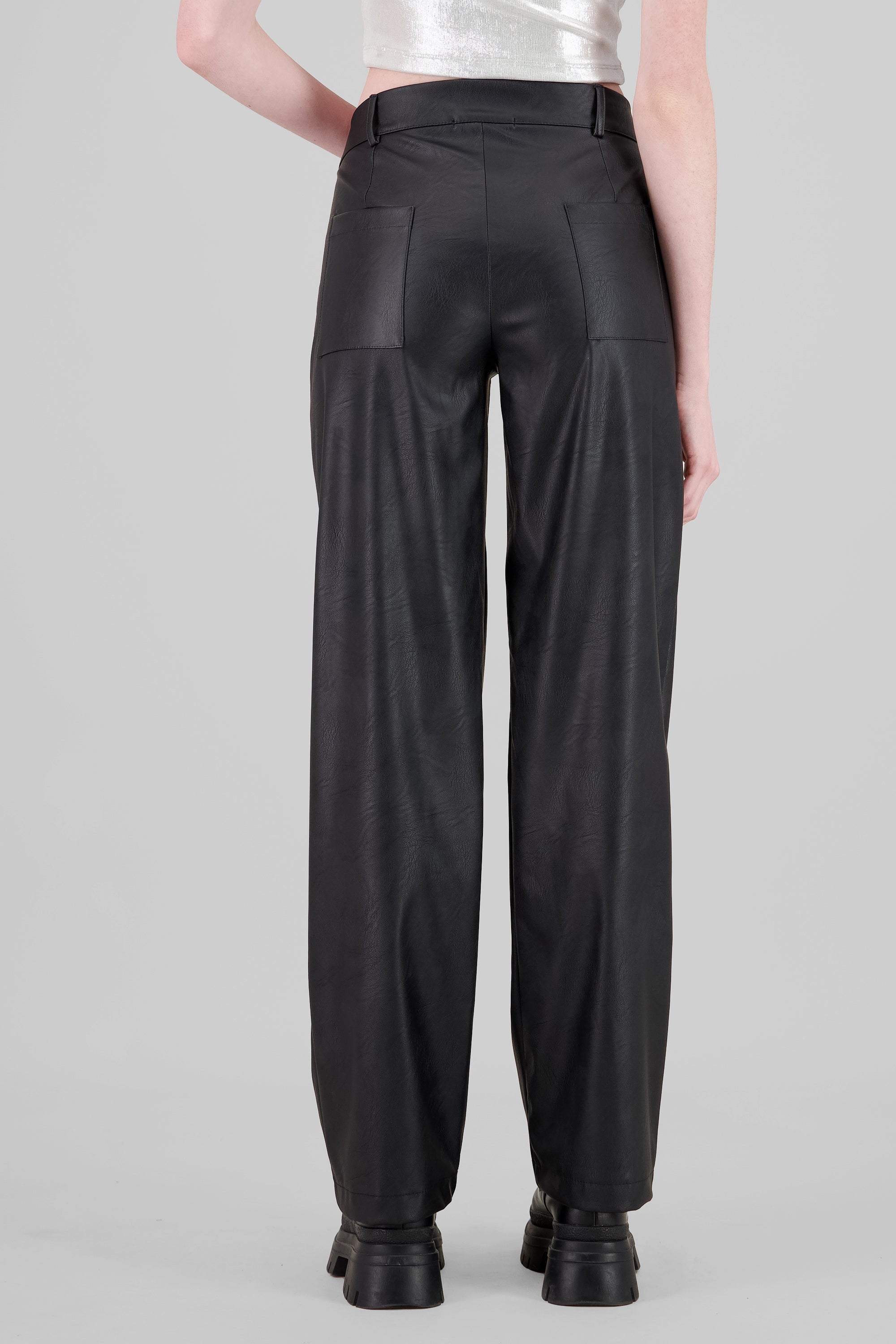 Textured Faux Leather Straight Pants BLACK