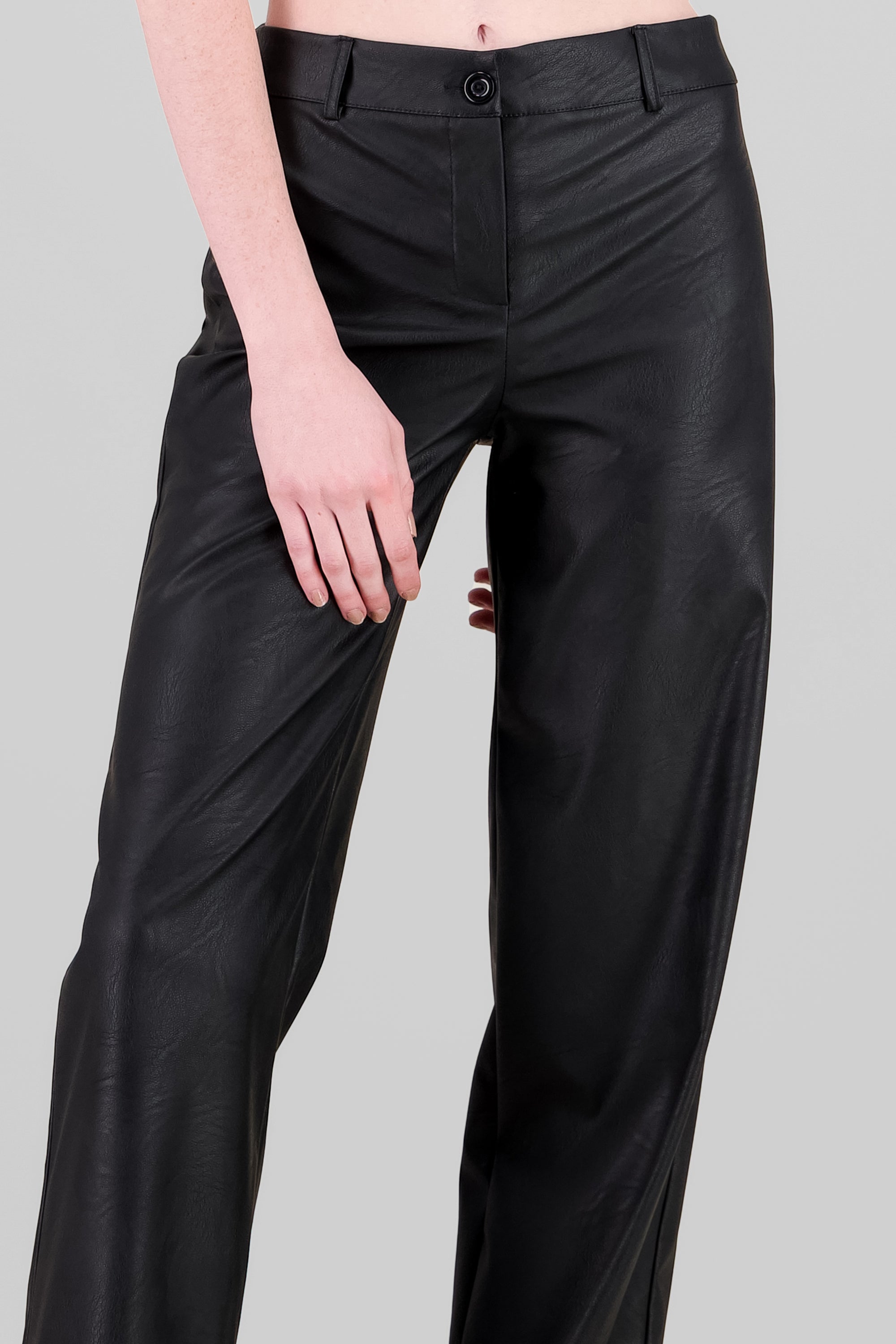 Textured Faux Leather Straight Pants BLACK