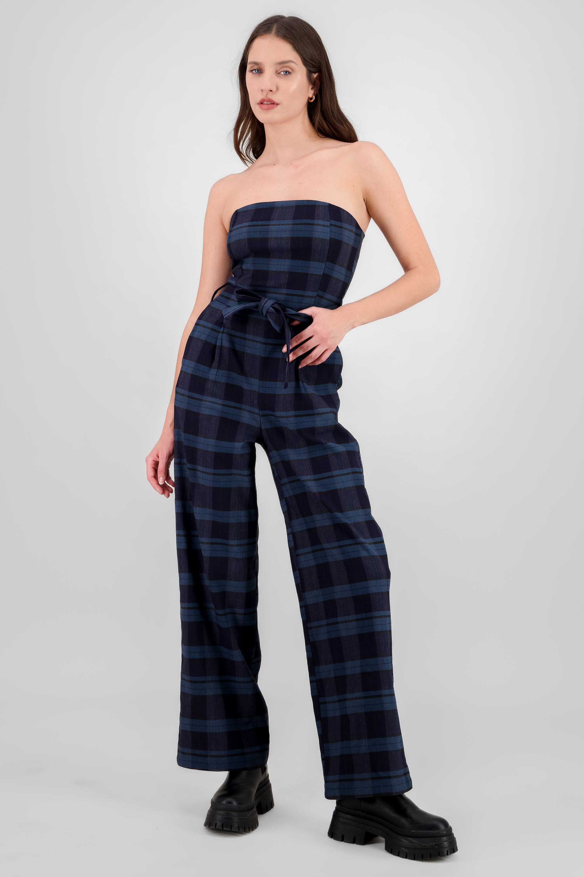 Belted Plaid Jumpsuit NAVY COMBO