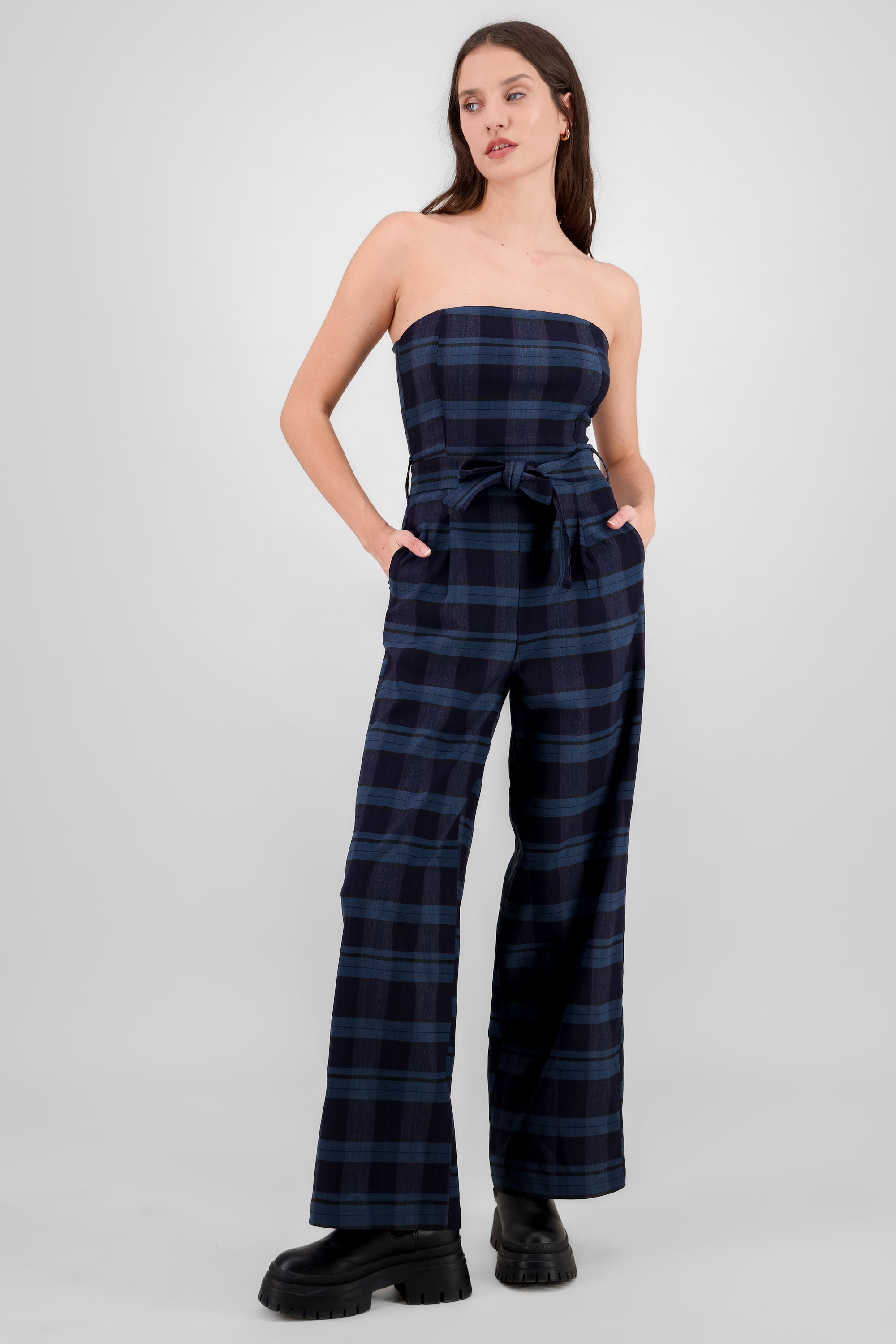 Belted Plaid Jumpsuit NAVY COMBO