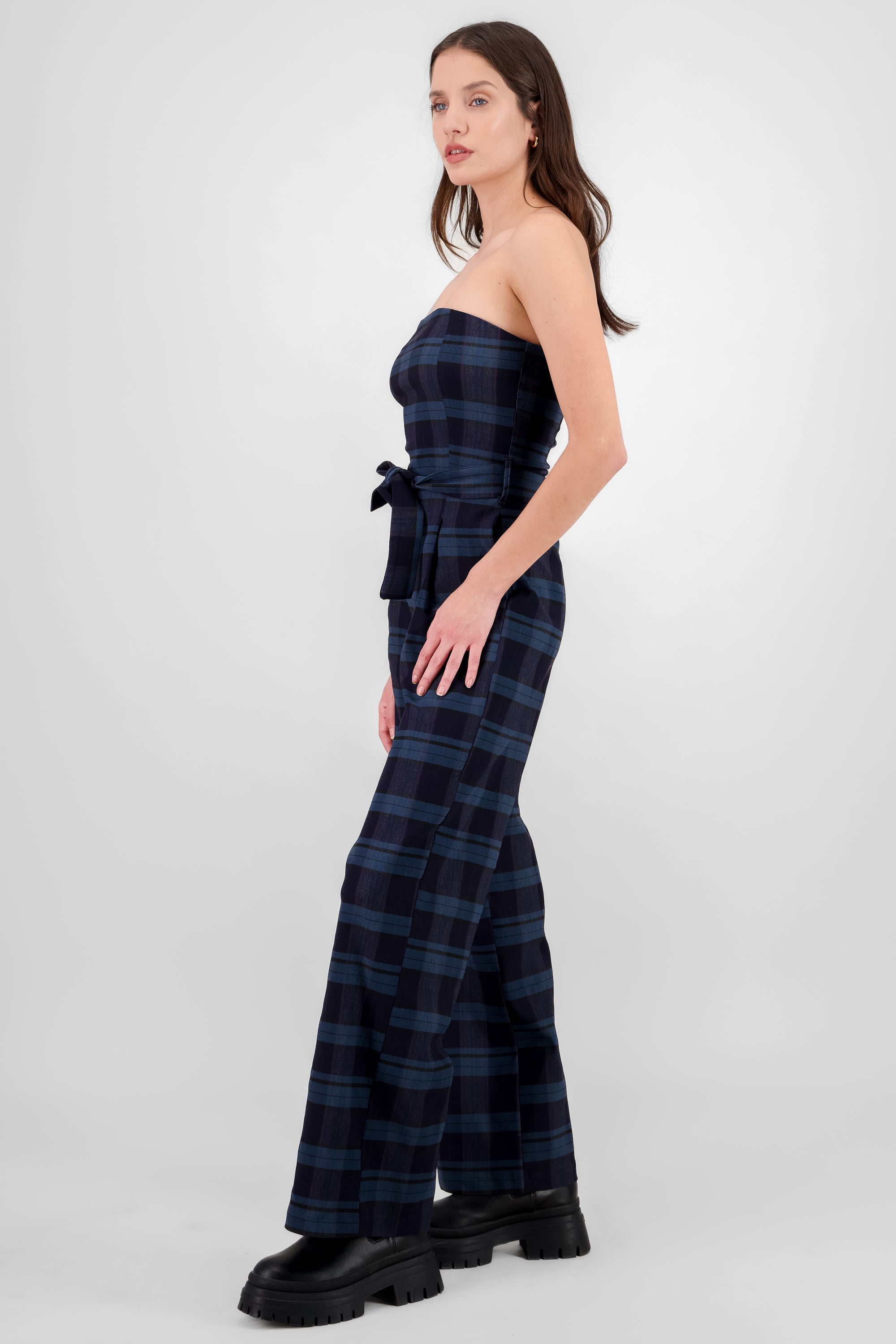 Belted Plaid Jumpsuit NAVY COMBO