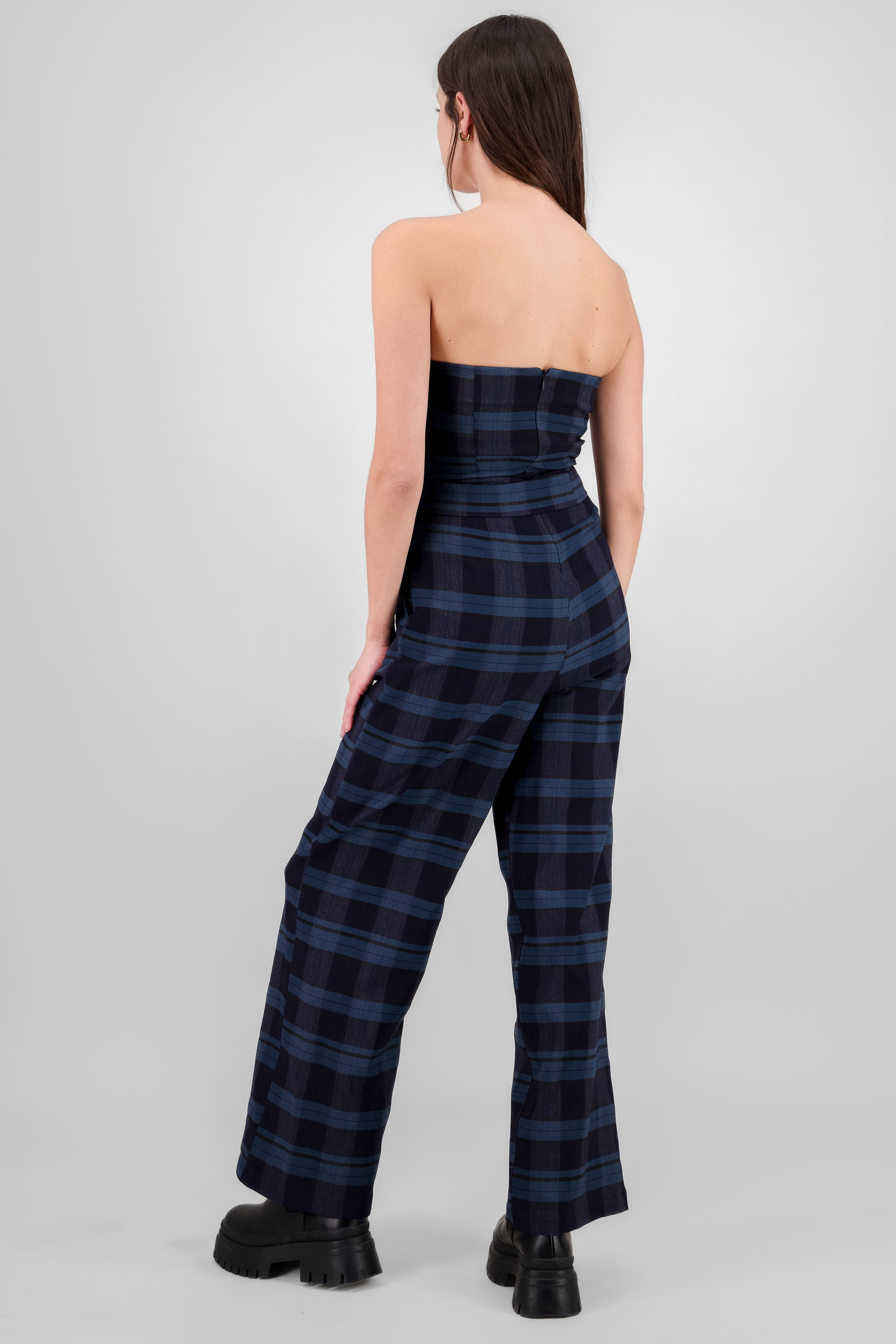 Belted Plaid Jumpsuit NAVY COMBO