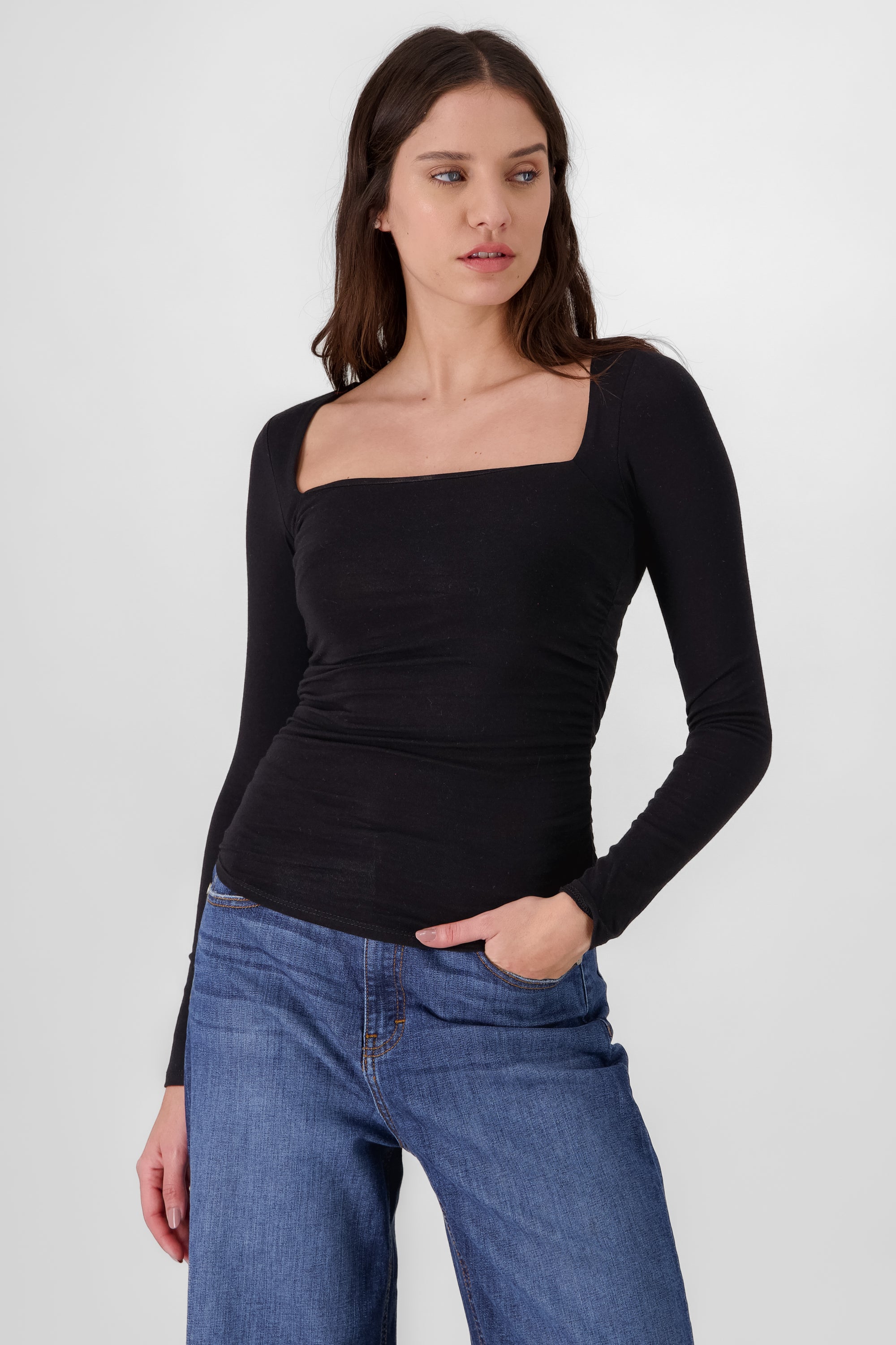 Long Sleeve Ruched Top BLACK