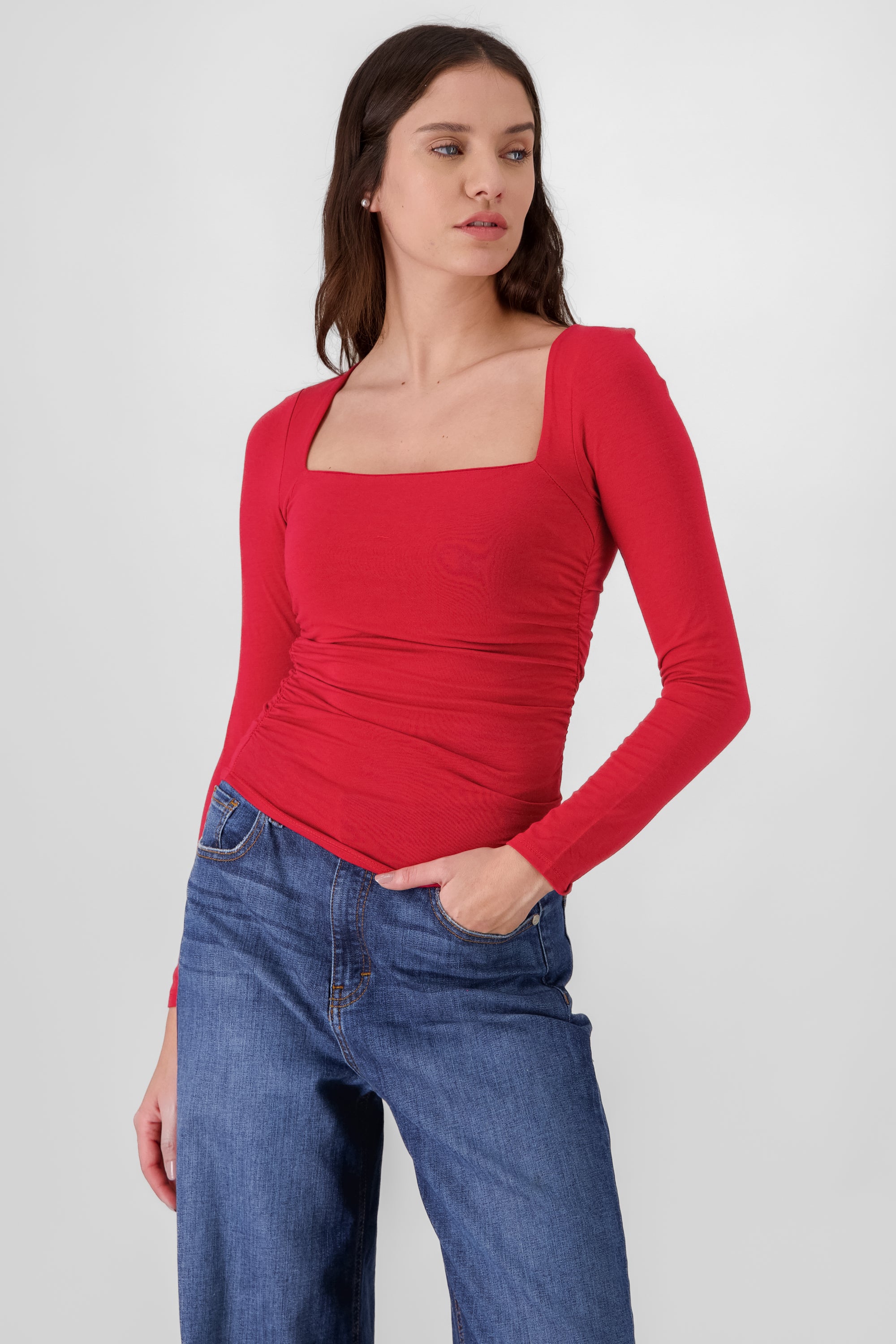 Long Sleeve Ruched Top RED