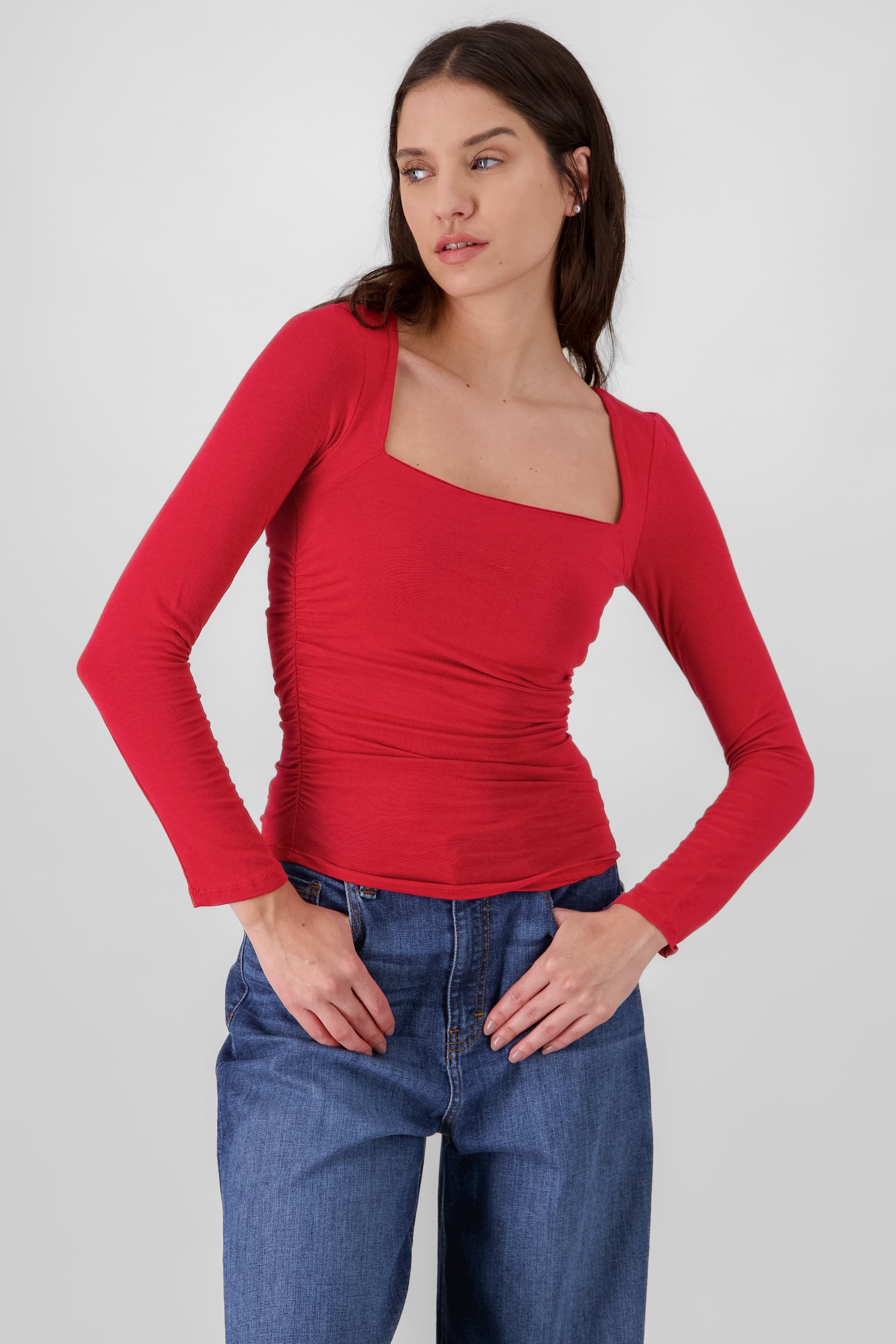 Long Sleeve Ruched Top RED