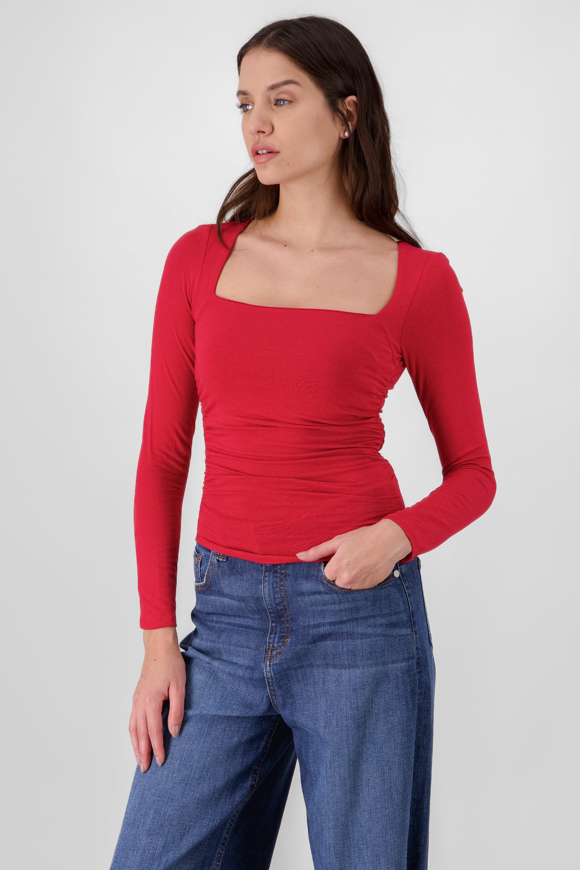 Long Sleeve Ruched Top RED