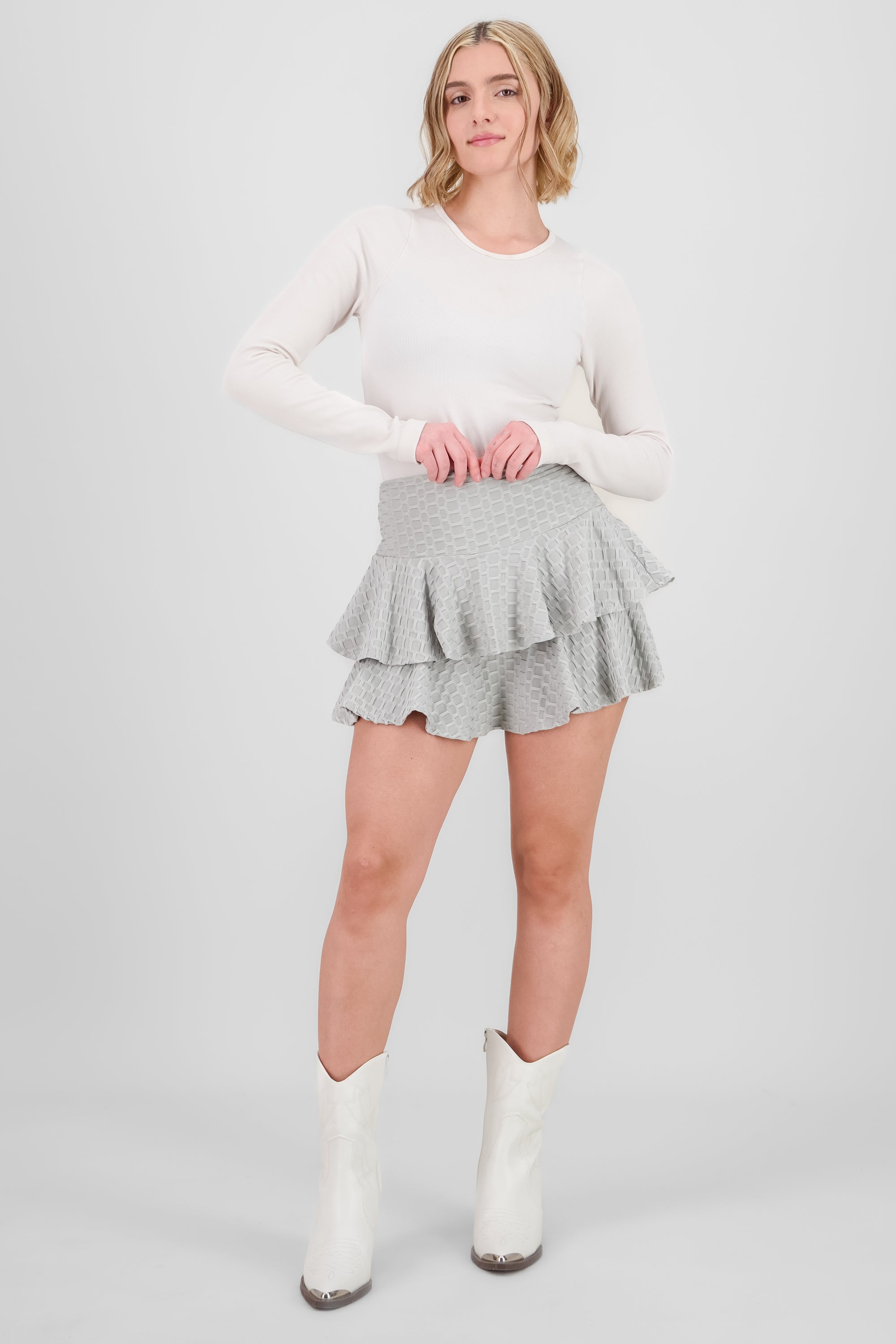 Textured Double Ruffle Mini Skirt GRAY