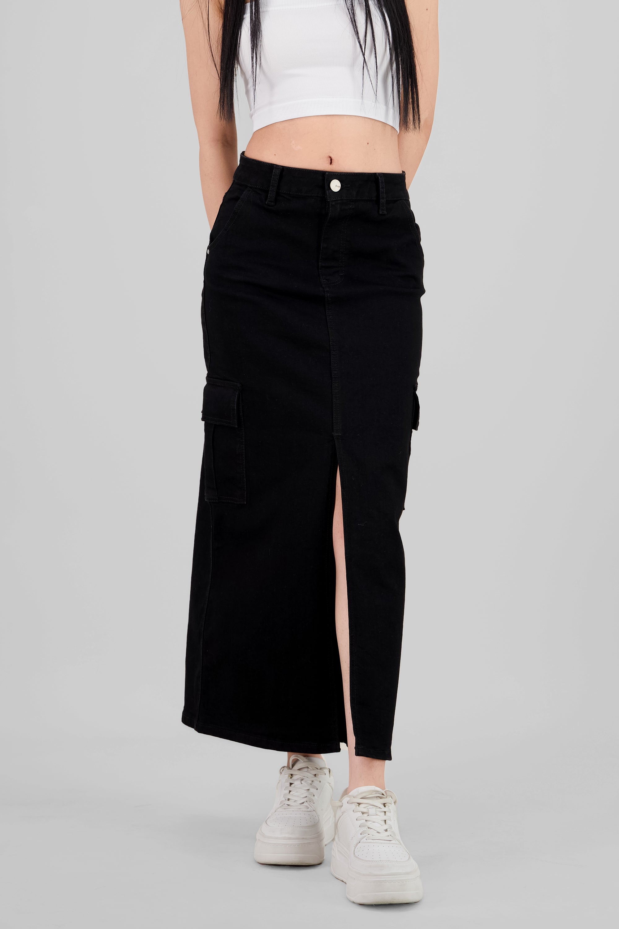 Cargo Slit Midi Skirt BLACK