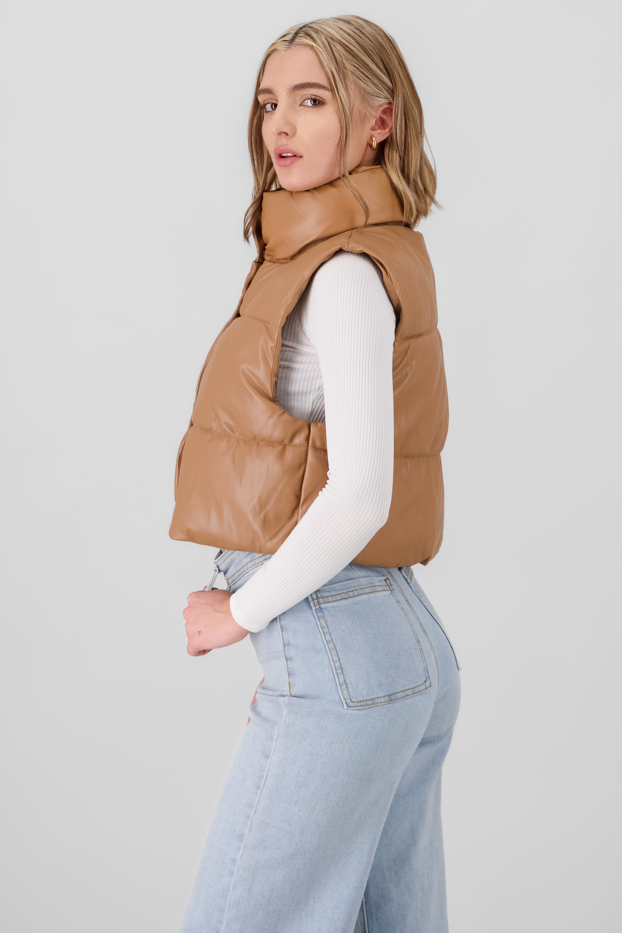 Quilted Faux Leather Vest CAMEL