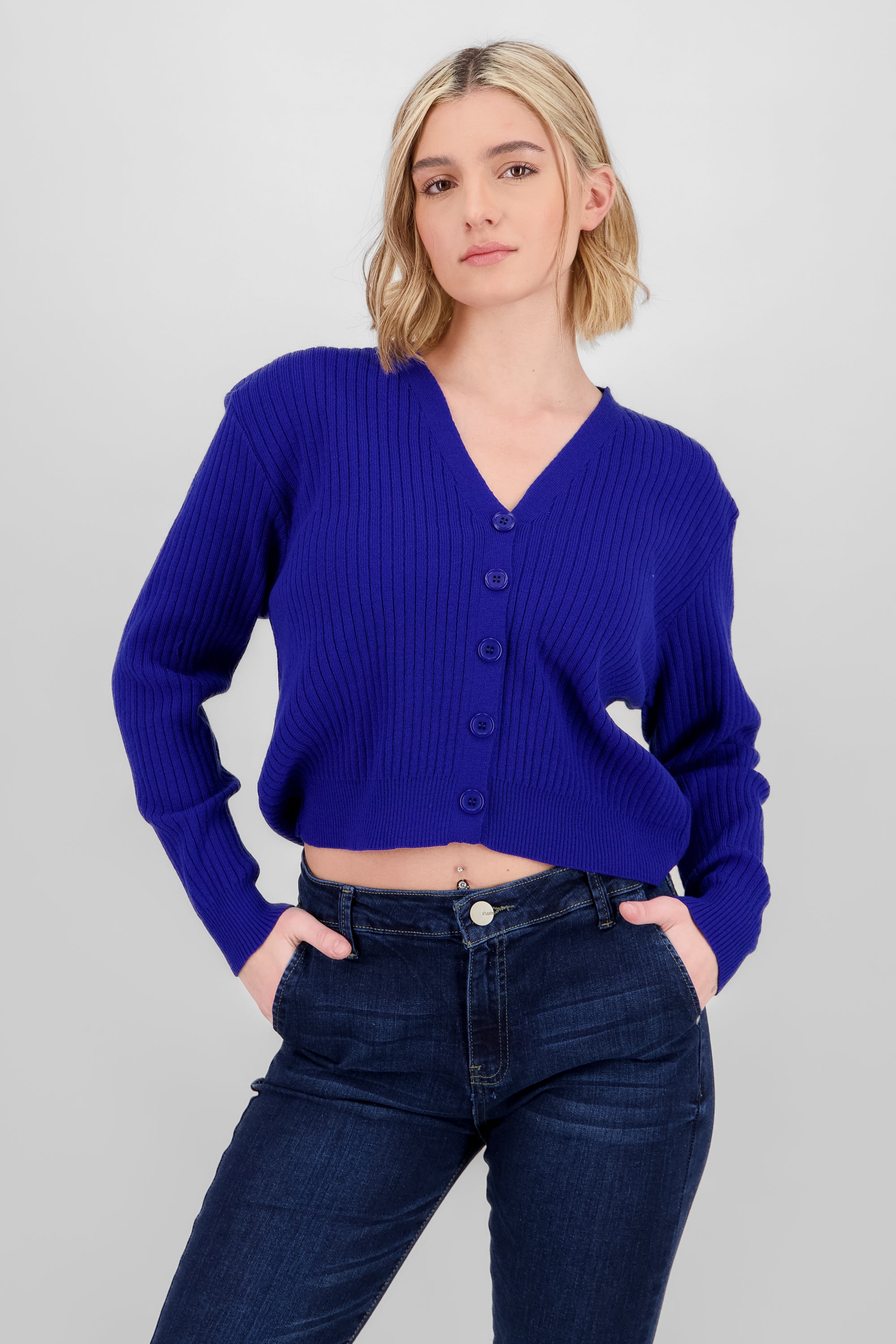 Ribbed Knit Buttoned Cardigan BLUE