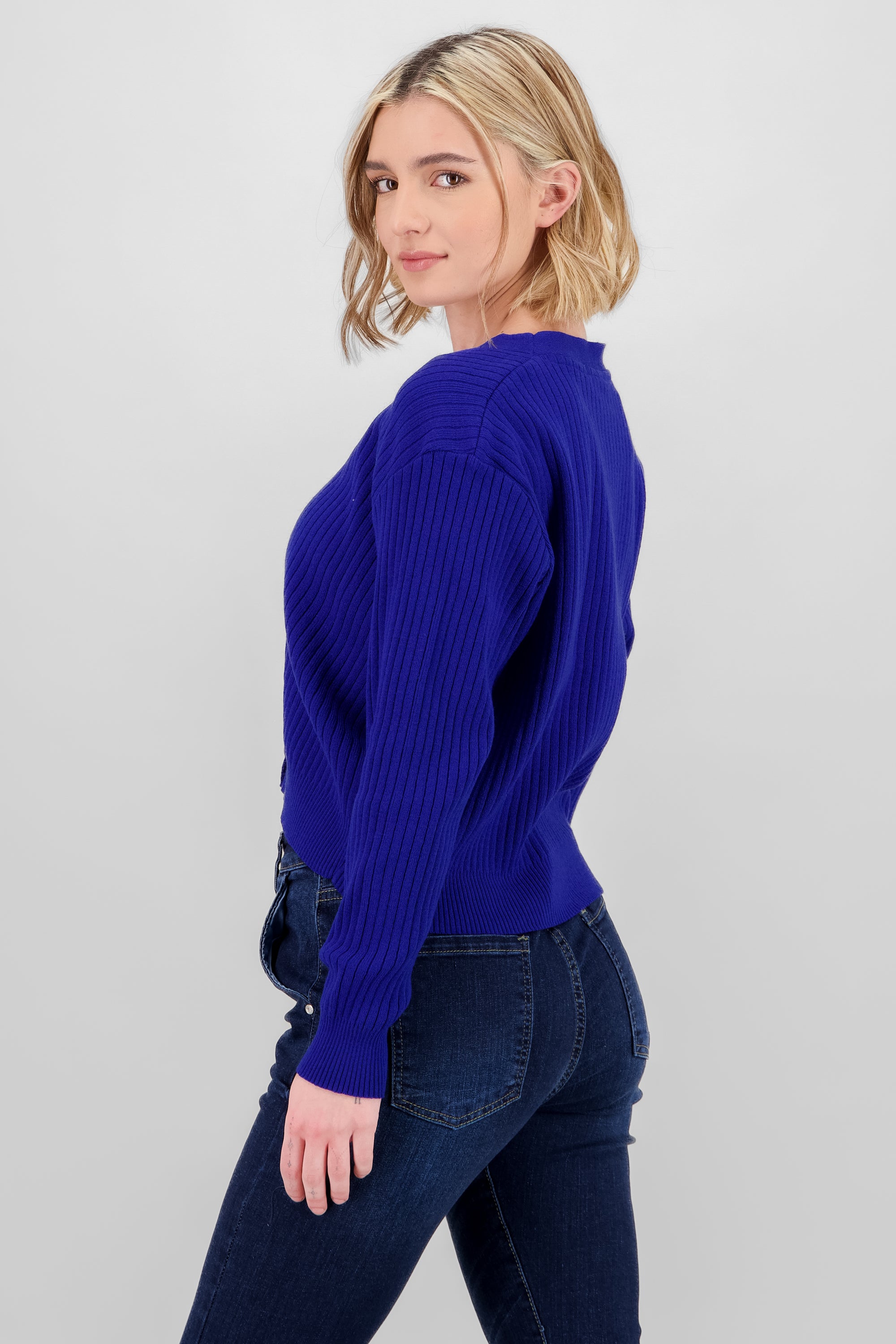 Ribbed Knit Buttoned Cardigan BLUE