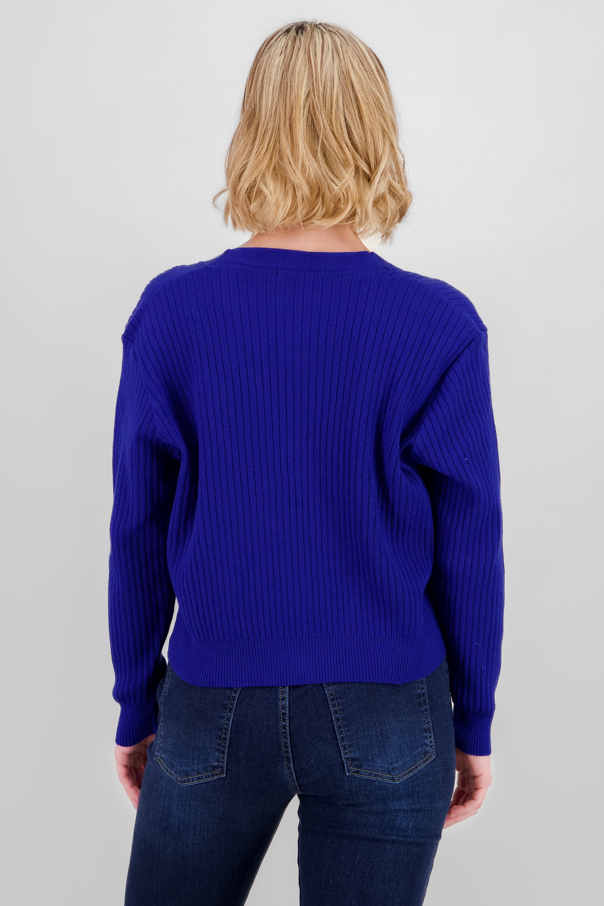 Ribbed Knit Buttoned Cardigan BLUE