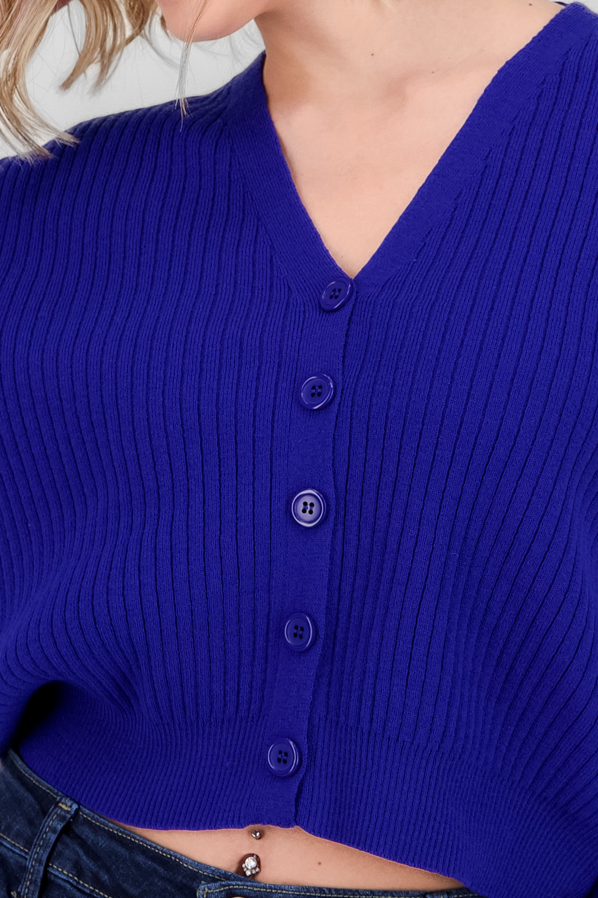 Ribbed Knit Buttoned Cardigan BLUE