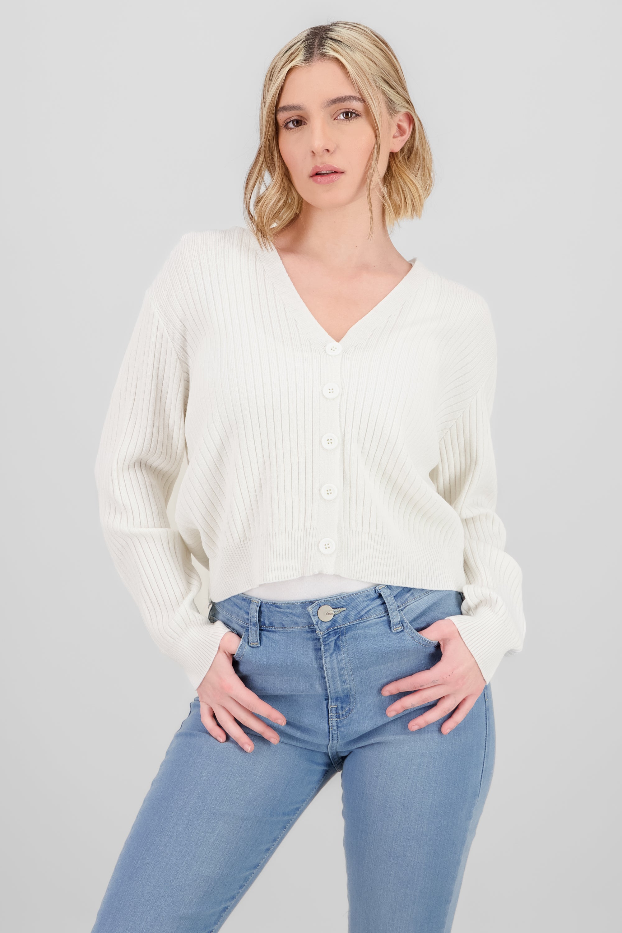 Ribbed Knit Buttoned Cardigan IVORY